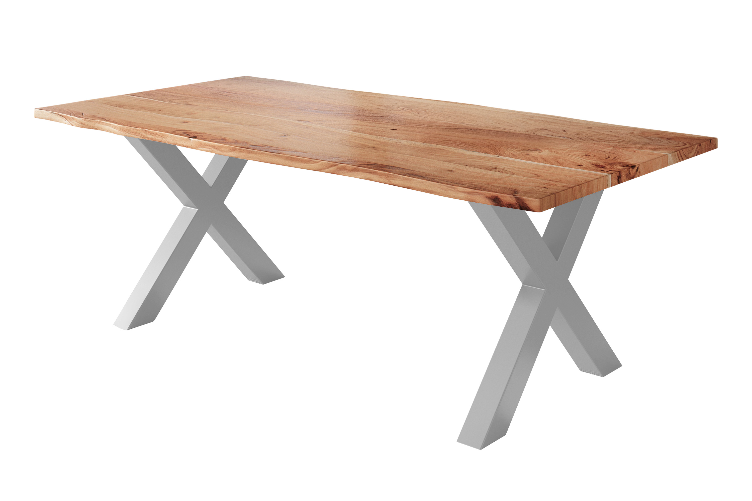 Esstisch Baumkante massiv Akazie natur 220 x 100 silber X-Gestell NICK