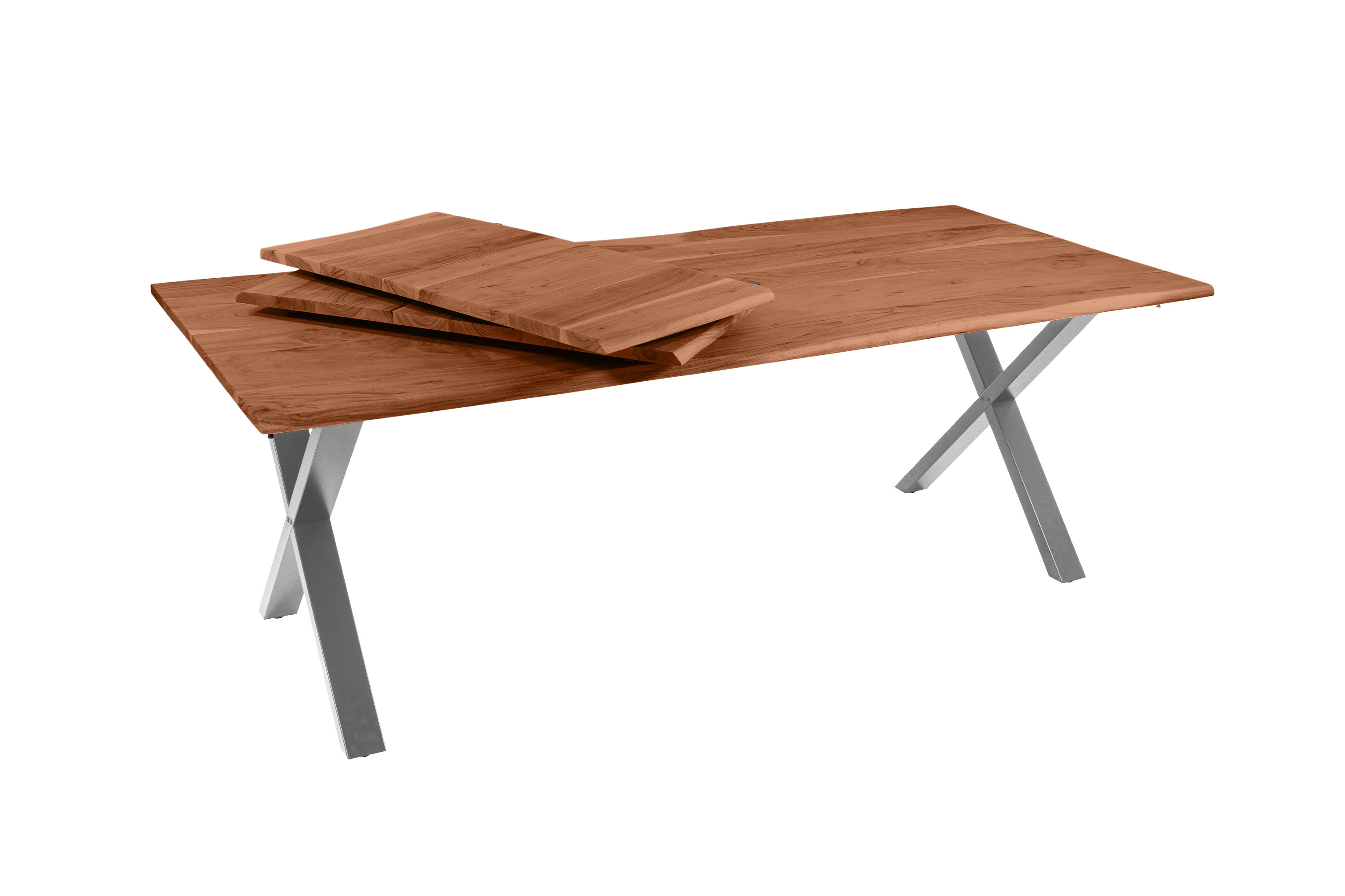 Esstisch Baumkante Akazie nuss 200(300)x100 Ansteckplatten X-Gestell silber AVINO
