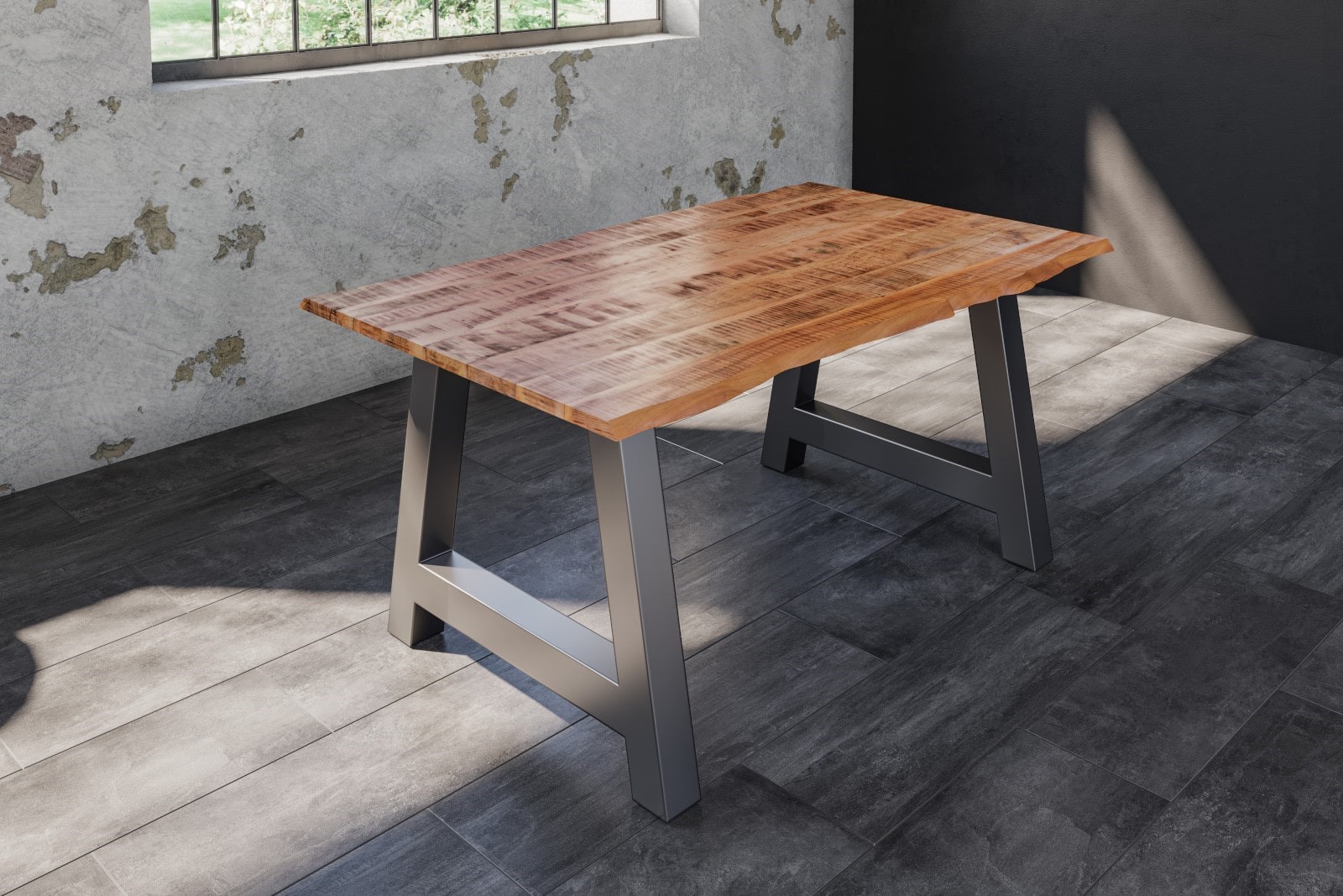 Esstisch Baumkante Massiv Mango naturfarben 160 x 85 silber A-Gestell DORA