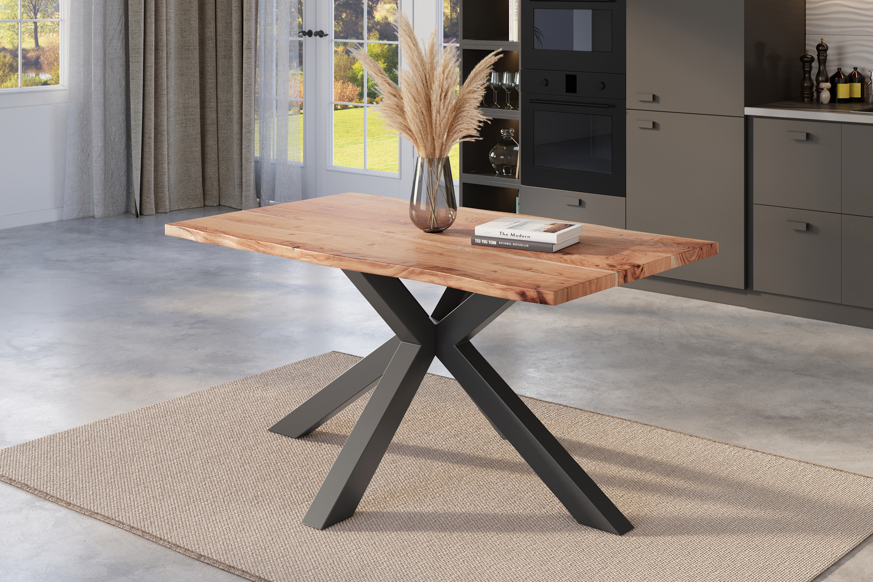 Esstisch Baumkante massiv Akazie natur 160 x 85 cm Spider-Gestell schwarz Kalea