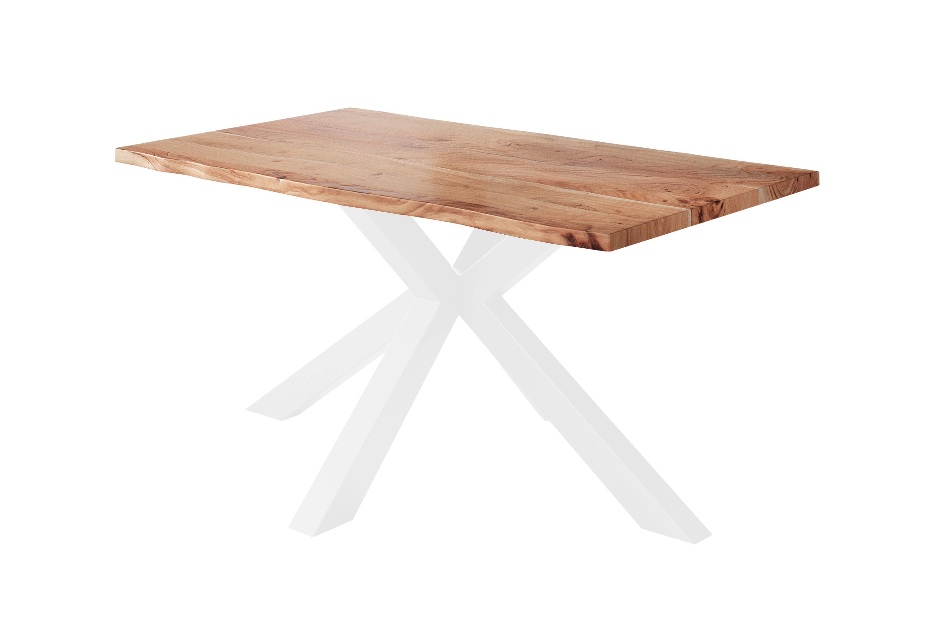 Esstisch Baumkante massiv Akazie natur 140 x 80 cm Spider-Gestell weiß Kalea