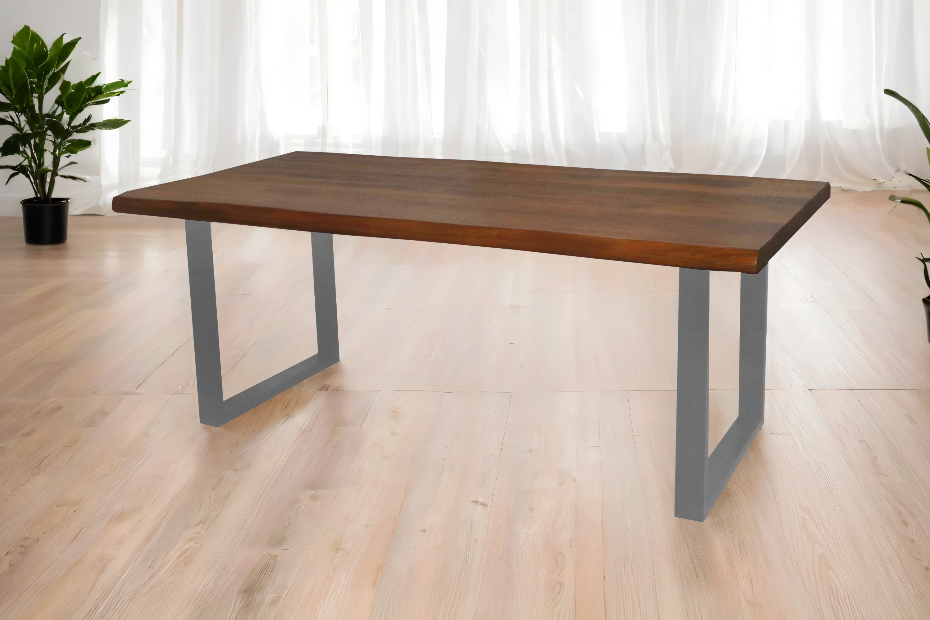 Esstisch Baumkante massiv Mango honigfarben 200 x 100 U-Gestell silber CALI