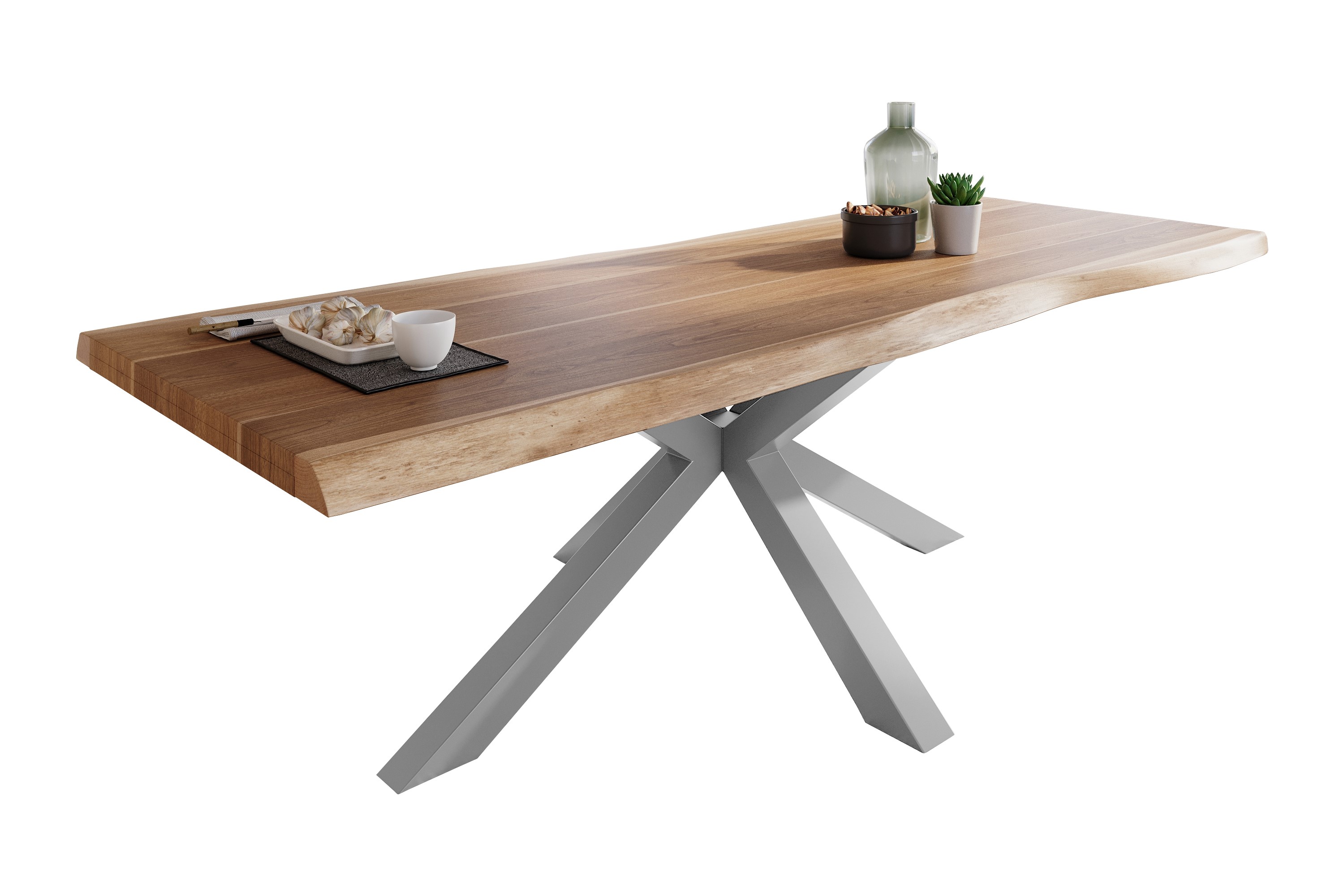 Esstisch Baumkante massiv Akazie natur 260 x 100 Spider-Gestell silber ATLAS