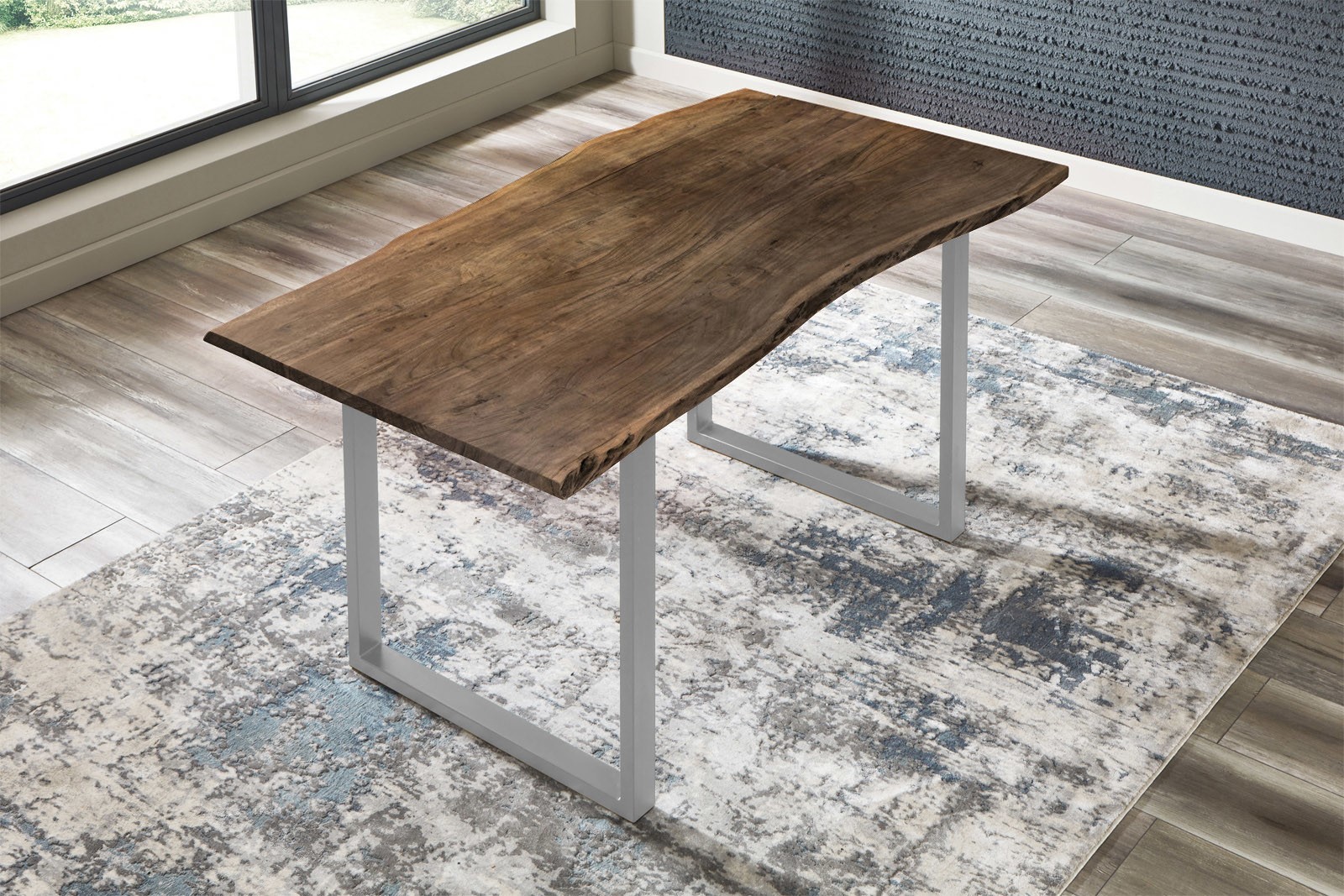 Esstisch Baumkante massiv Akazie nussbaumfarben 140 x 75 cm silber U-Gestell BILLY Esstisch Baumkante massiv Akazie nussbaumfarben 140 x 75 cm silber U-Gestell BILLY