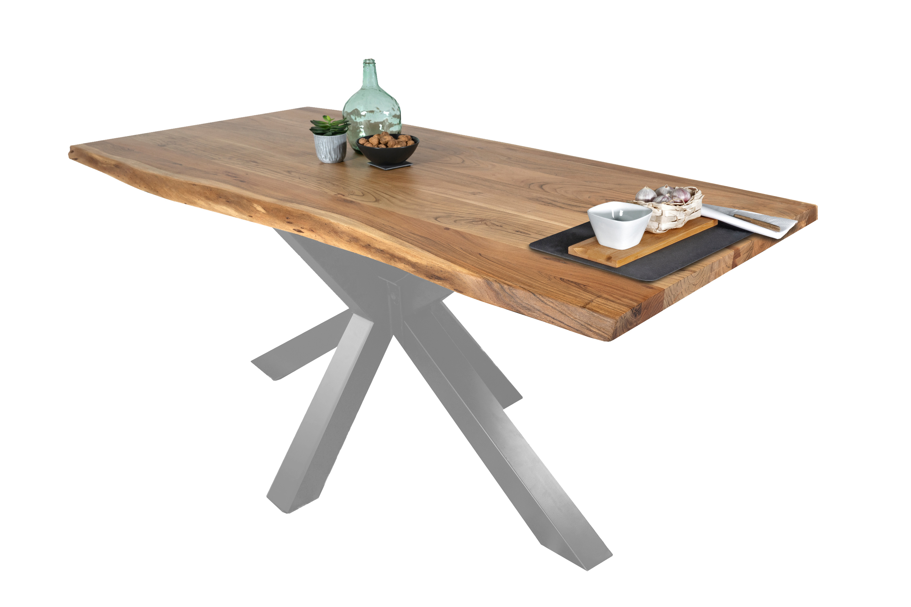 Esstisch Baumkante massiv Akazie Natur 240 x 100 Spider-Gestell silber TIM