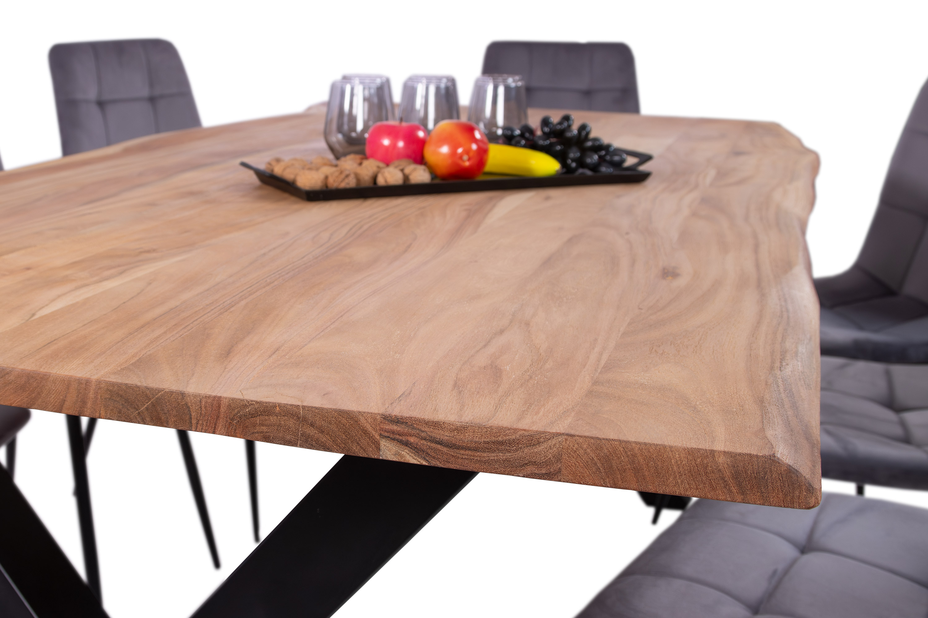 Esstisch Baumkante massiv Akazie eichefarben 160 x 85 cm X-Gestell schwarz DEREK