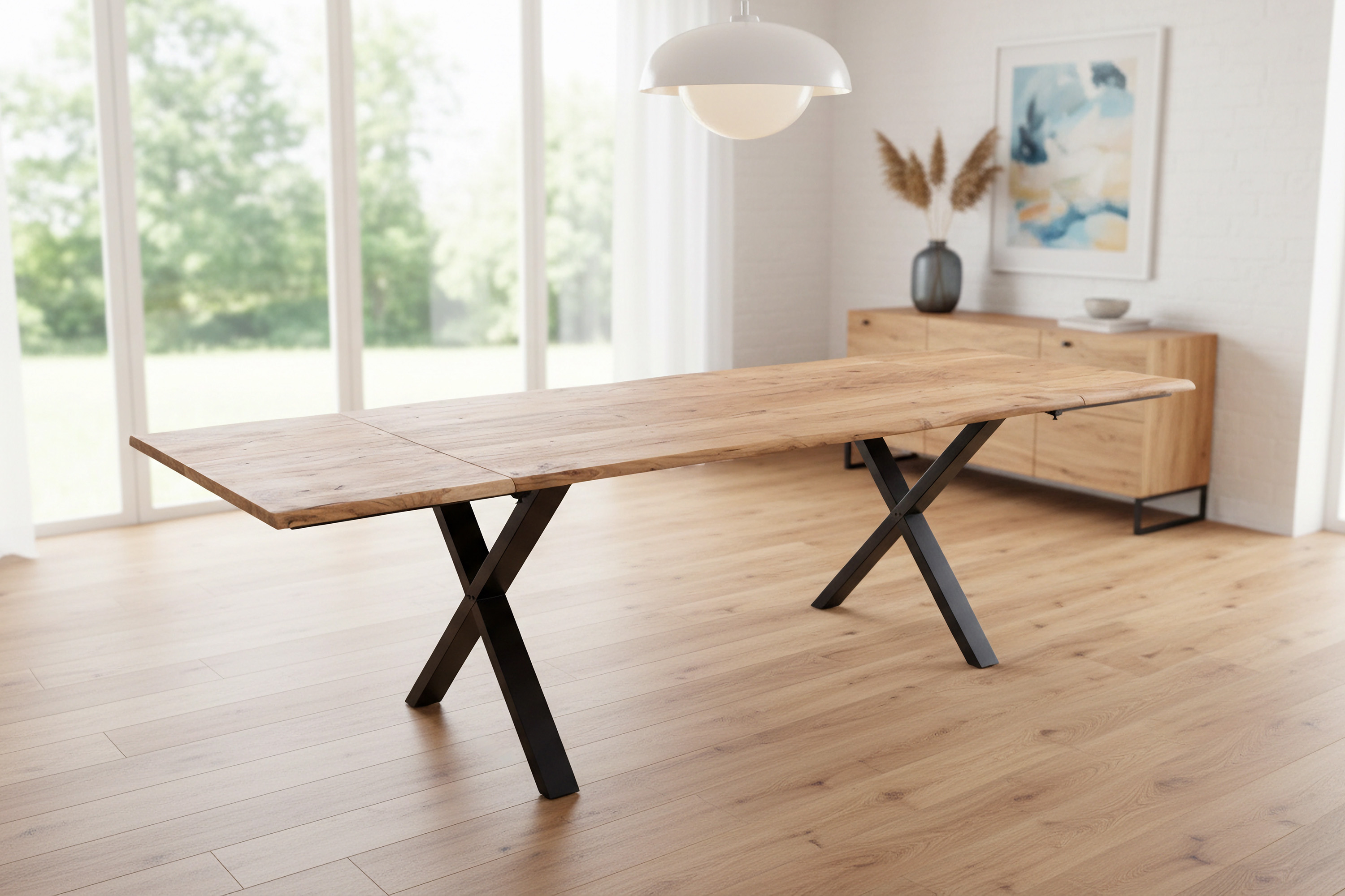 Esstisch Baumkante Akazie natur 180(280)x90 Ansteckplatten X-Gestell schwarz AVINO