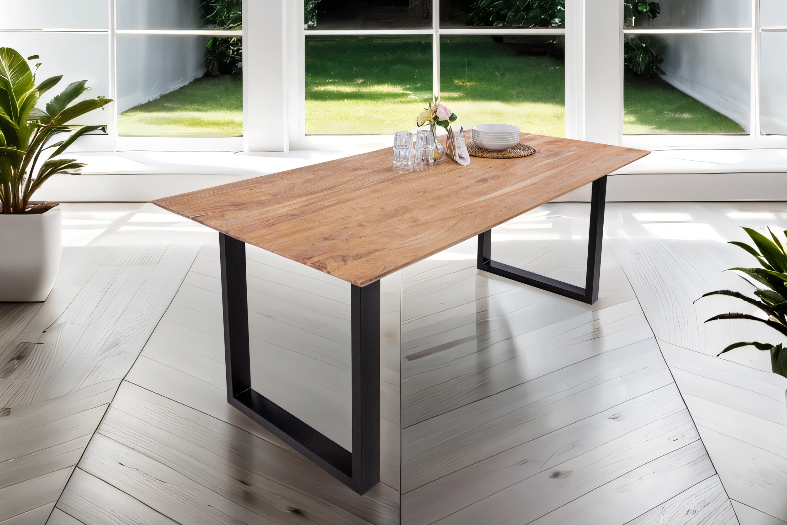 Esstisch 180x90 cm Akazie massiv eichenfarben schweizer Kante U-Gestell schwarz DEAN