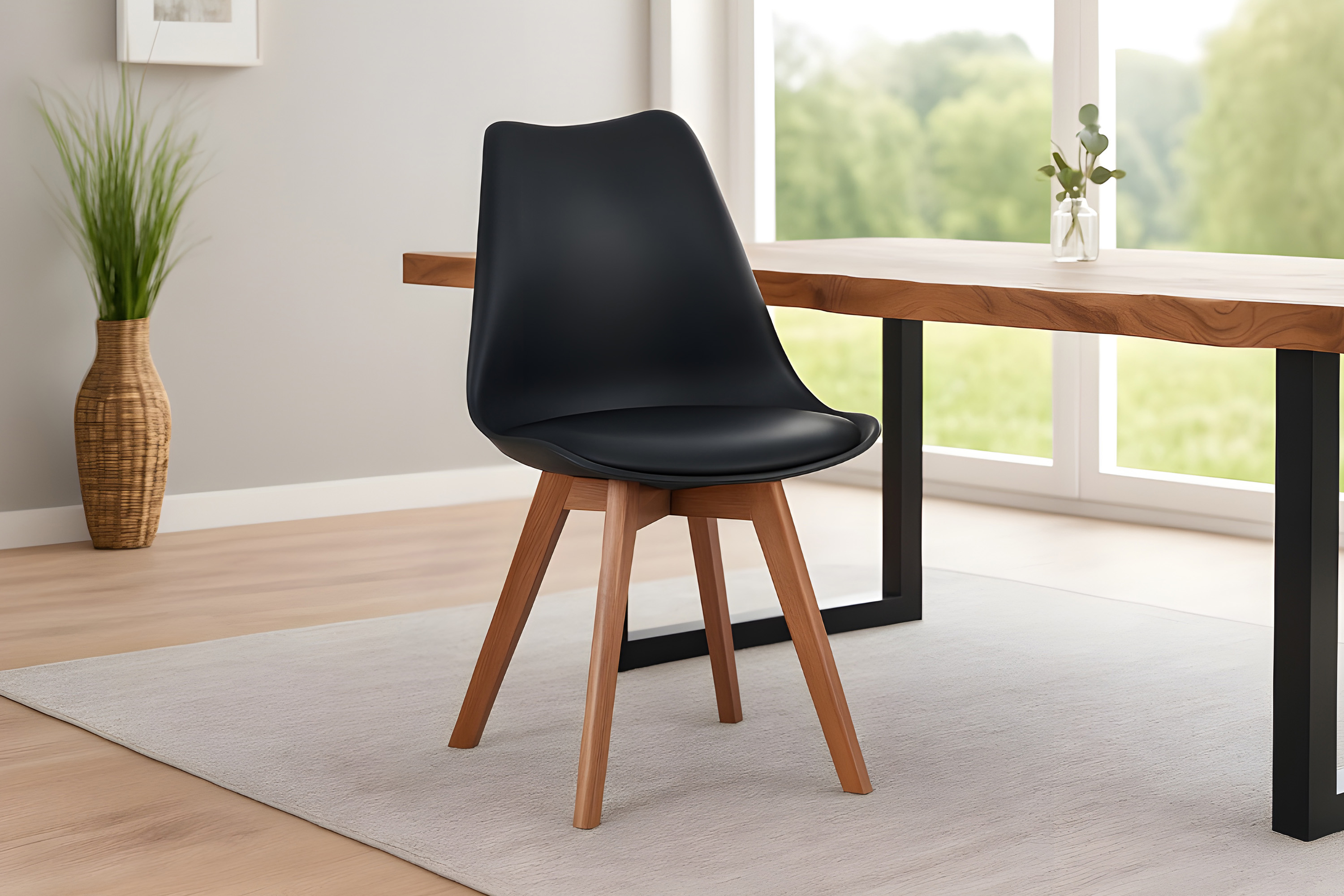 Esszimmer Schalenstuhl & Polster Kunstleder schwarz Stuhlbein Massivholz akazienfarben LOVELACE