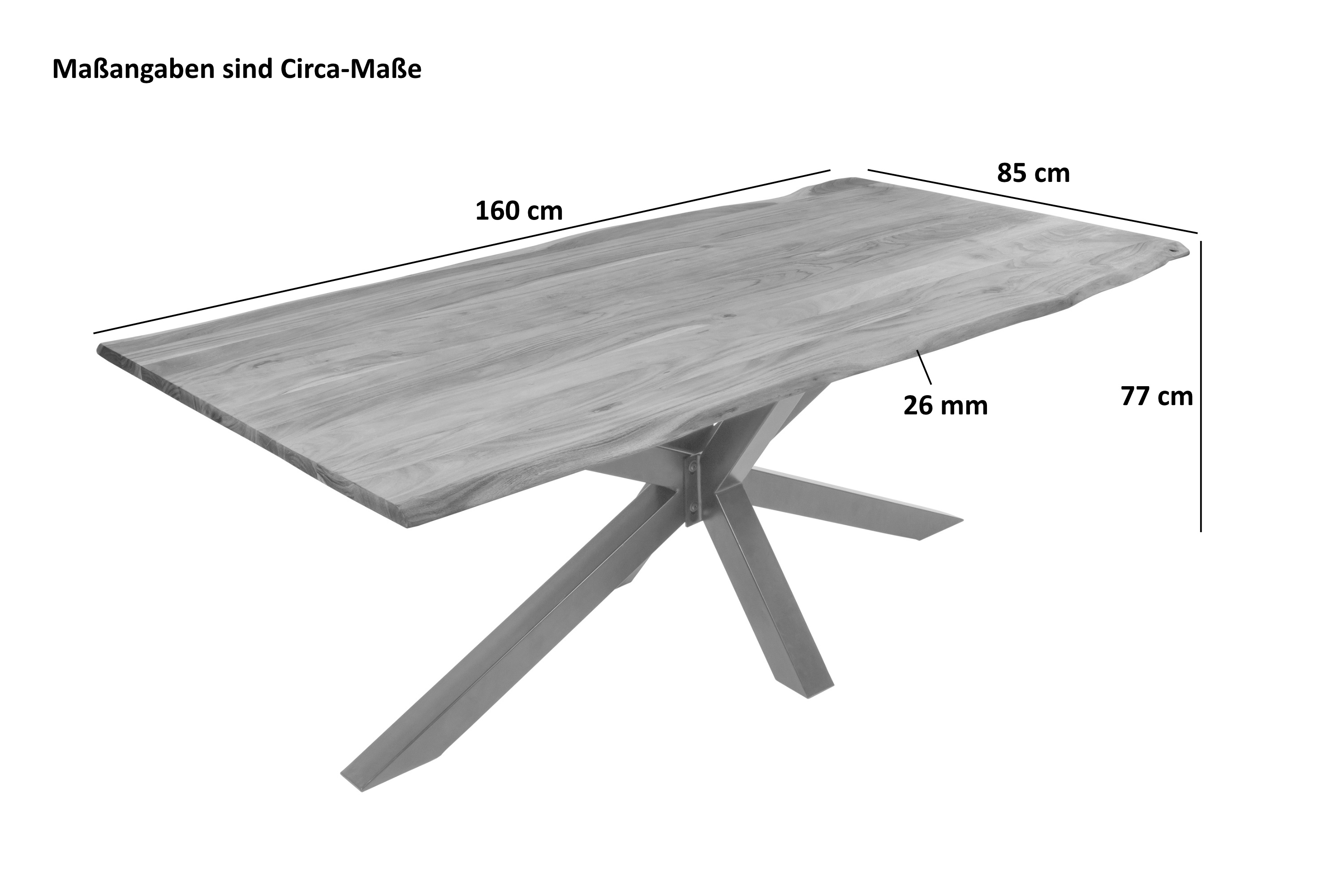 Esstisch Baumkante massiv Akazie eichefarben 160 x 85 cm Spider-Gestell schwarz DEREK