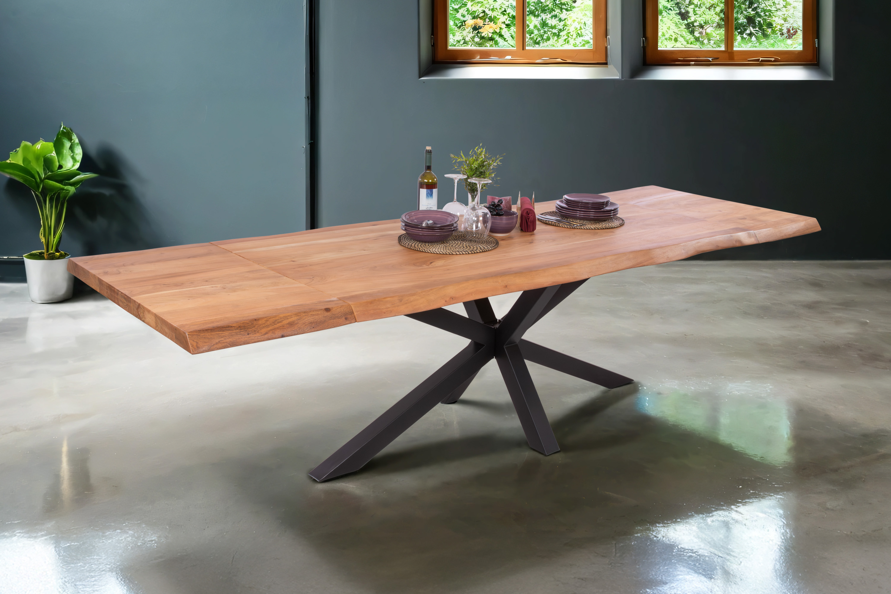 Esstisch Baumkante Akazie natur 140 (220) x 90 cm Spider-Gestell schwarz mit Ansteckplatten CALI
