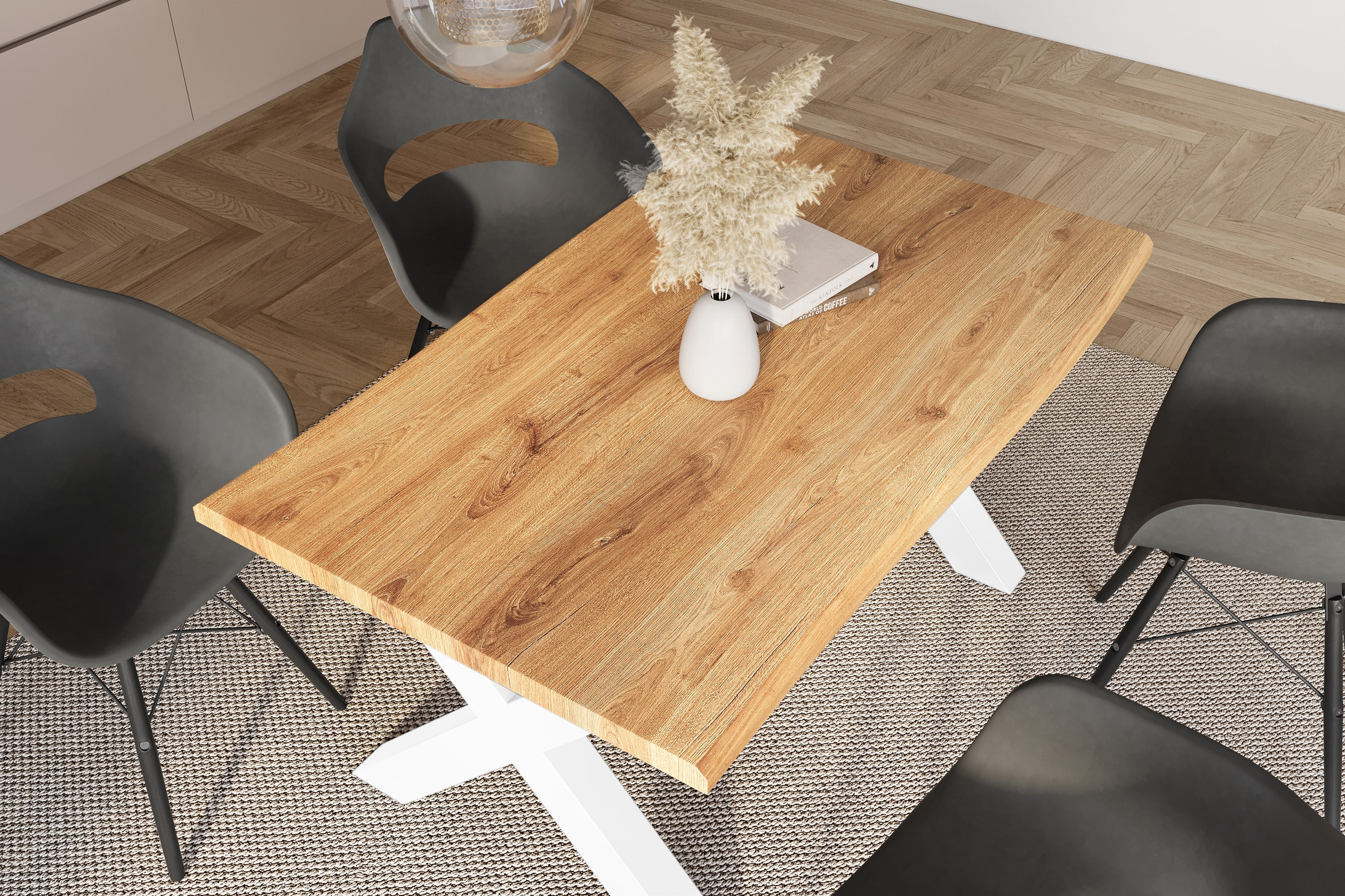 Esstisch Baumkante Holz-Optik Wildeiche 120 x 80 X-Gestell weiß JULIUS