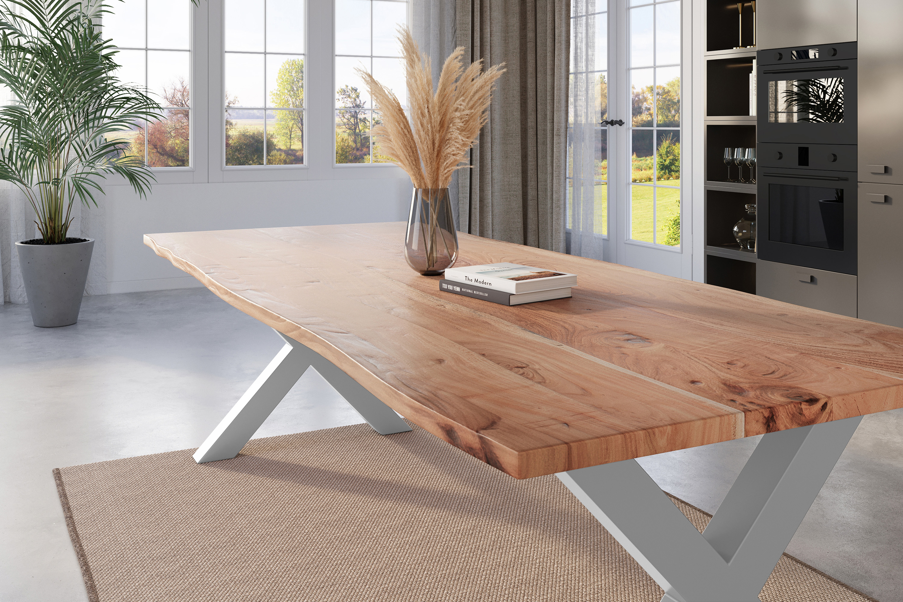 Esstisch Baumkante massiv Akazie natur 300 x 100 silber X-Gestell NICK