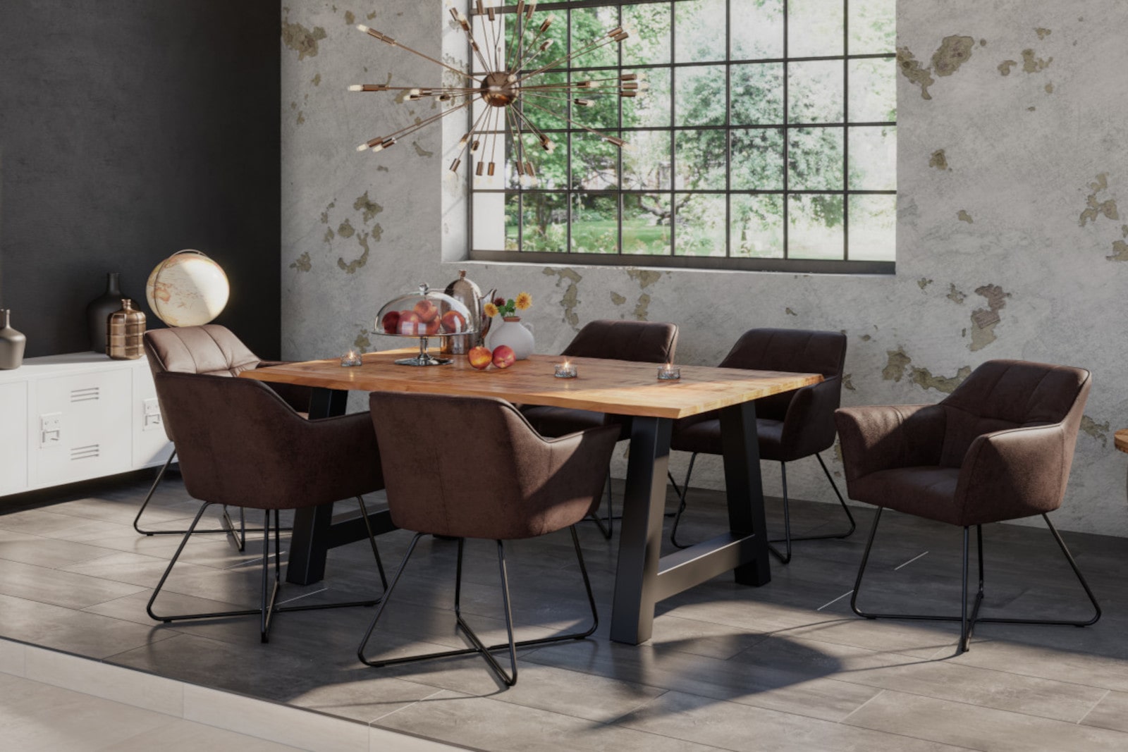 Essgruppe 140 cm Mango naturfarben A-Gestell schwarz mit 6 Stühlen DORA