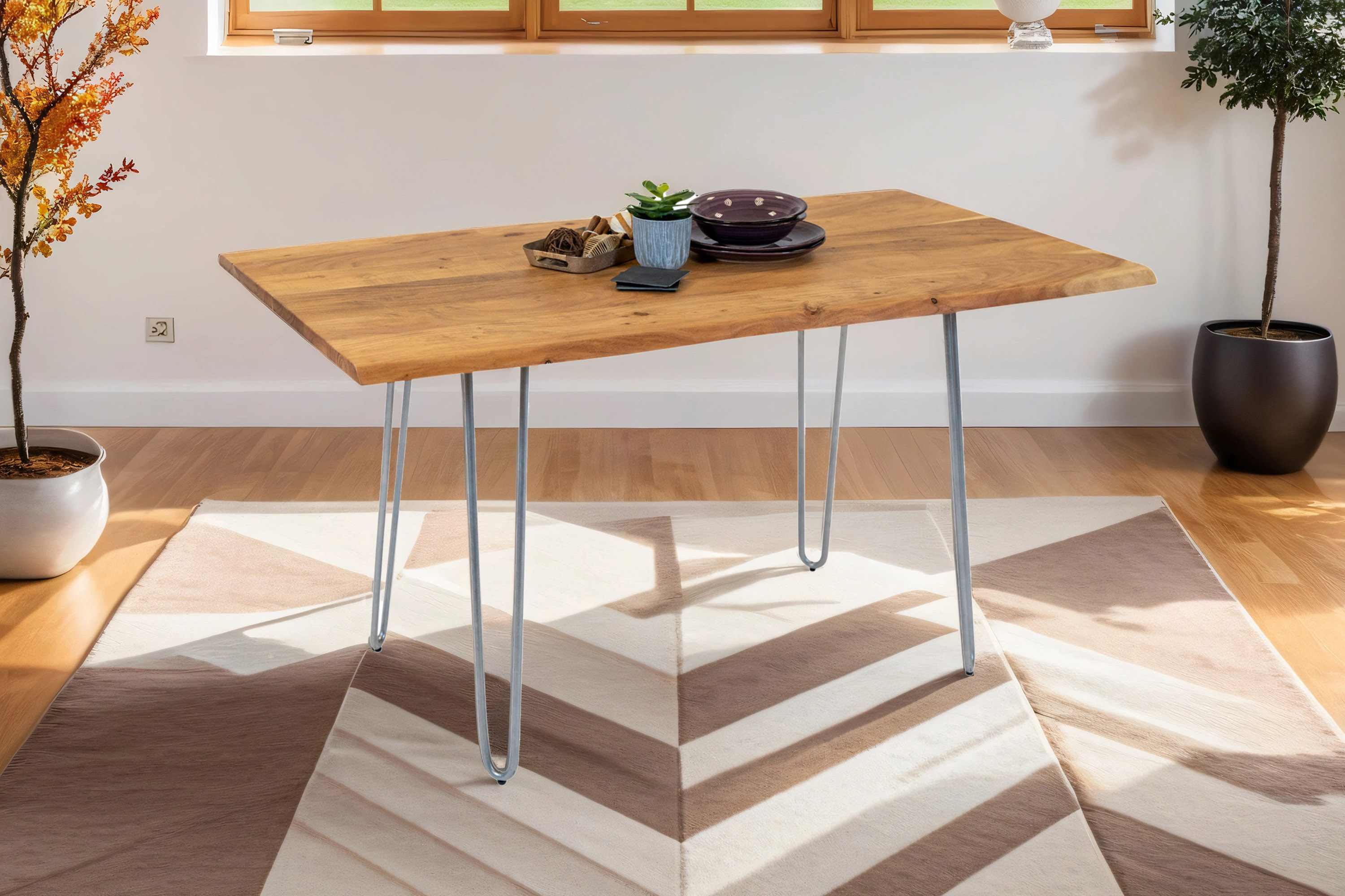  Esstisch Baumkante massiv Akazie natur 140 Hairpin-Gestell silber HANNAH