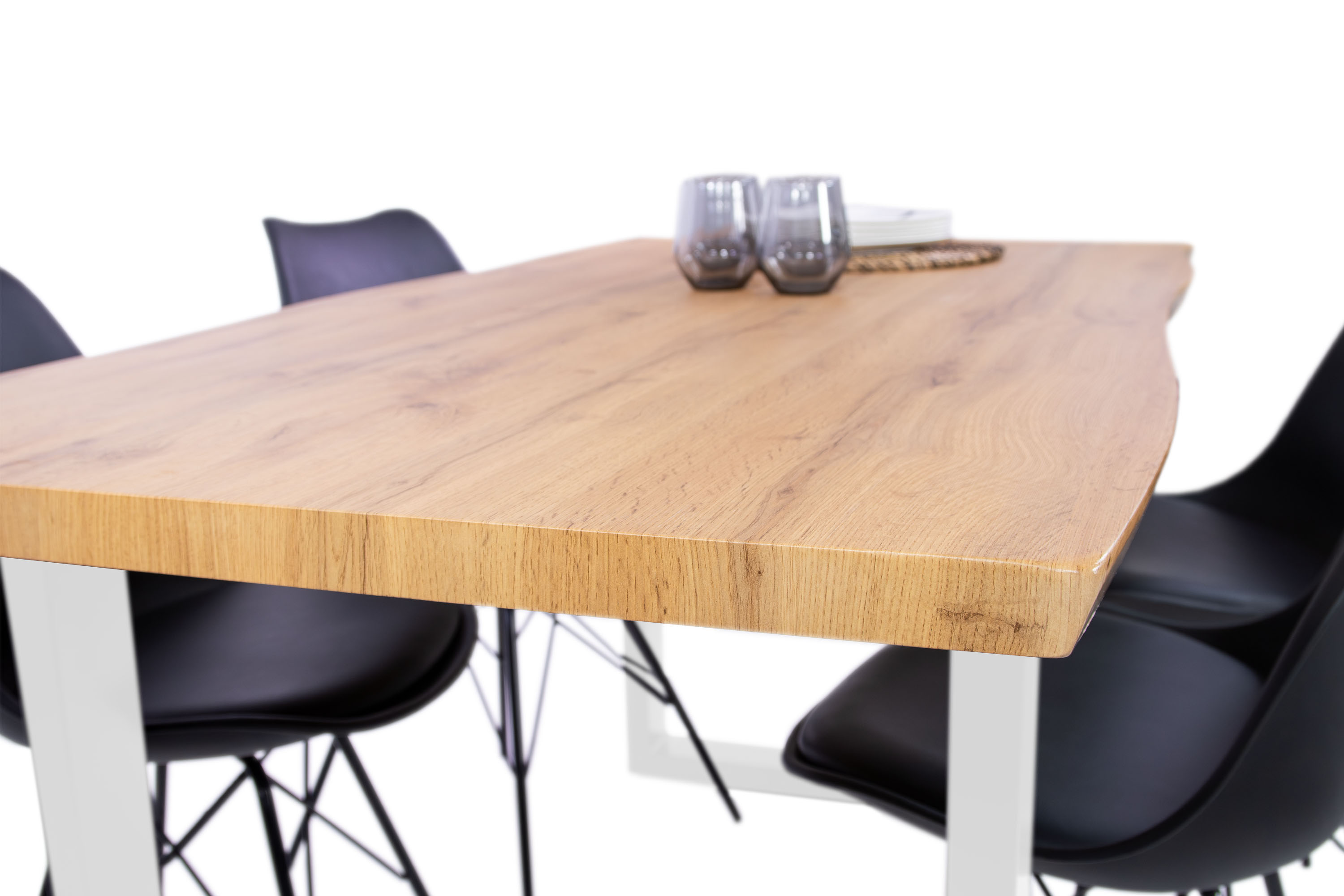 Esstisch Baumkante Holz-Optik Wildeiche 160 x 85 U-Gestell weiß JOSY