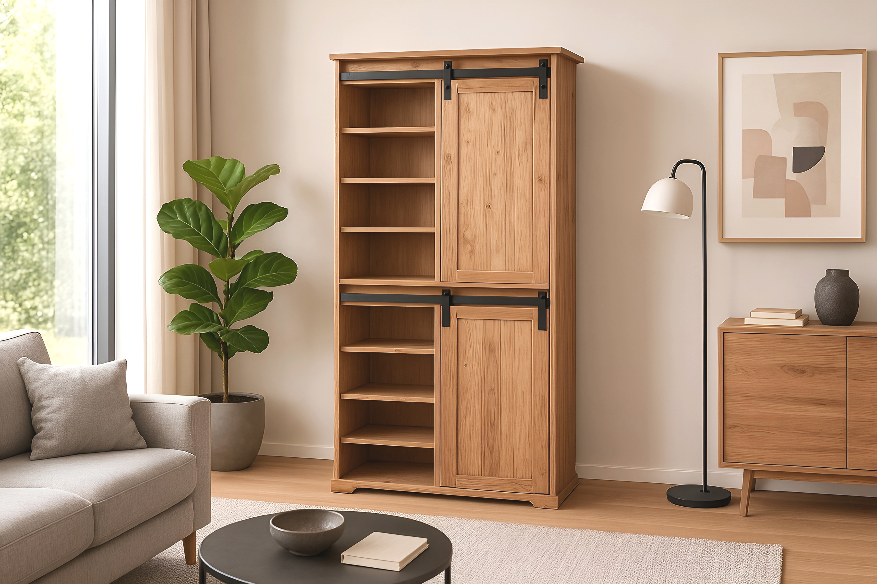 Highboard 80 x 45 x 175 cm Akazienholz massiv naturfarben ohne Baumkante LIANO 3