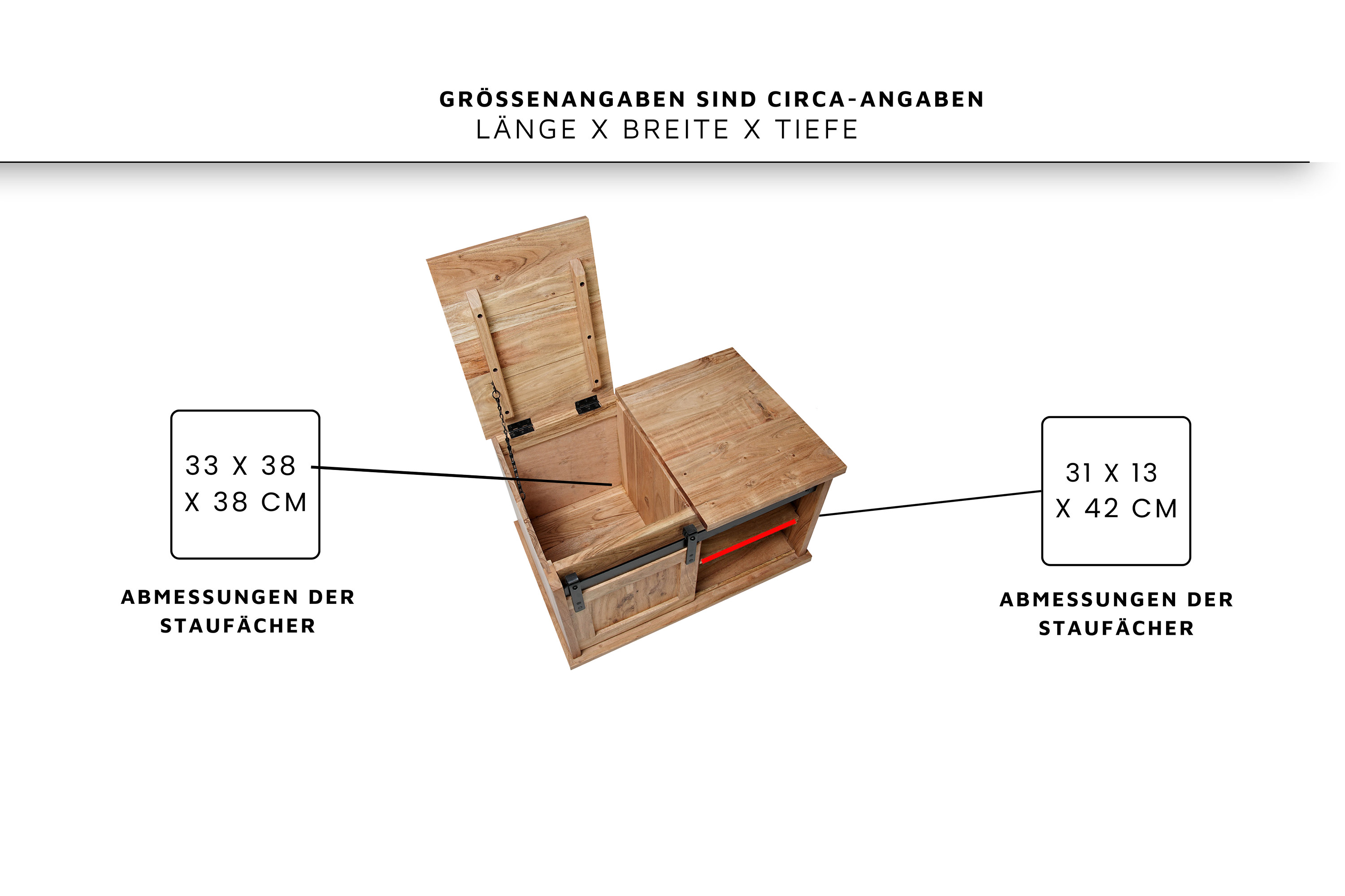 Truhen-Couchtisch 76 x 51 x 45 cm Akazienholz massiv naturfarben ohne Baumkante LIAN 1