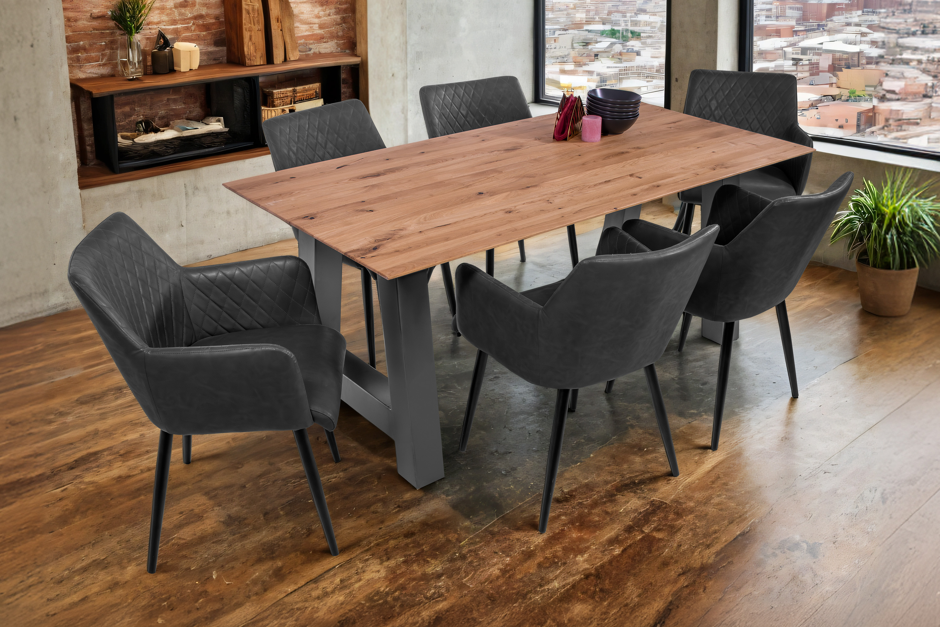 Esszimmertisch Schweizer Kante eckig massiv & geölt Eiche 160x85 silber A-Gestell Lotte