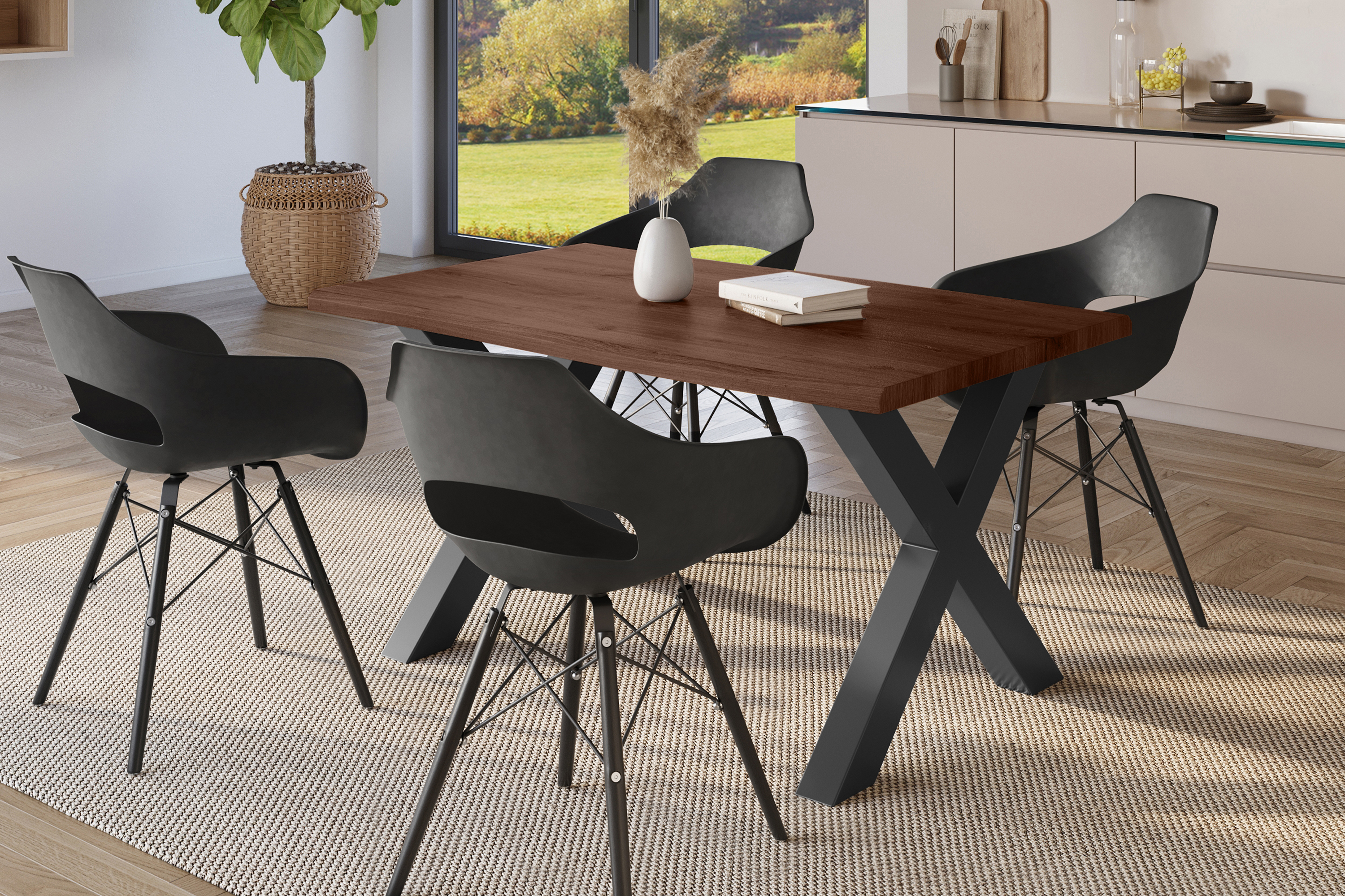 Esstisch Baumkante Holz-Optik Nussbaum 140 x 80 X-Gestell schwarz JULIUS
