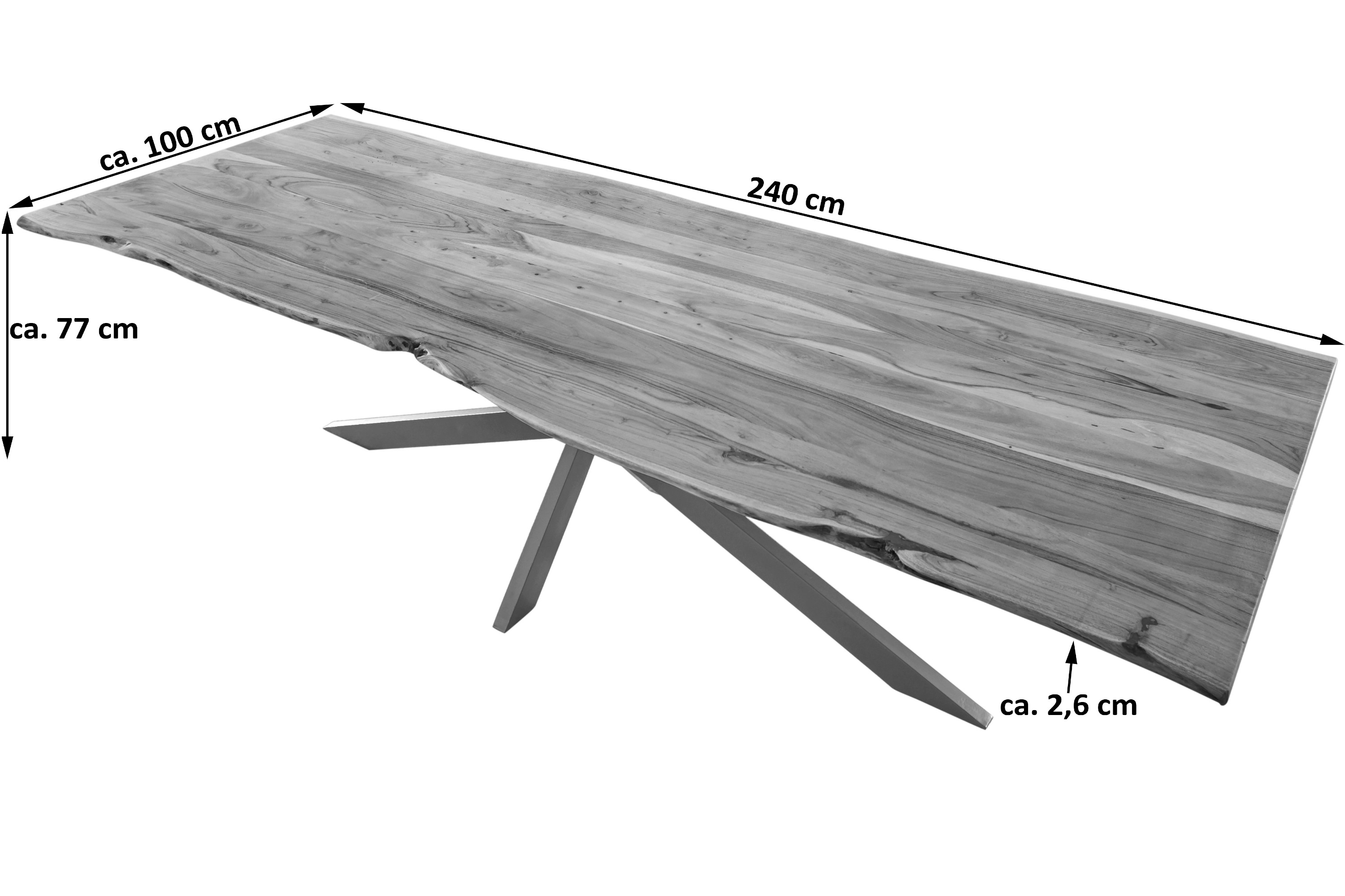 Esstisch Baumkante massiv Akazie natur 240 x 100 cm Spider-Gestell silber Kalea