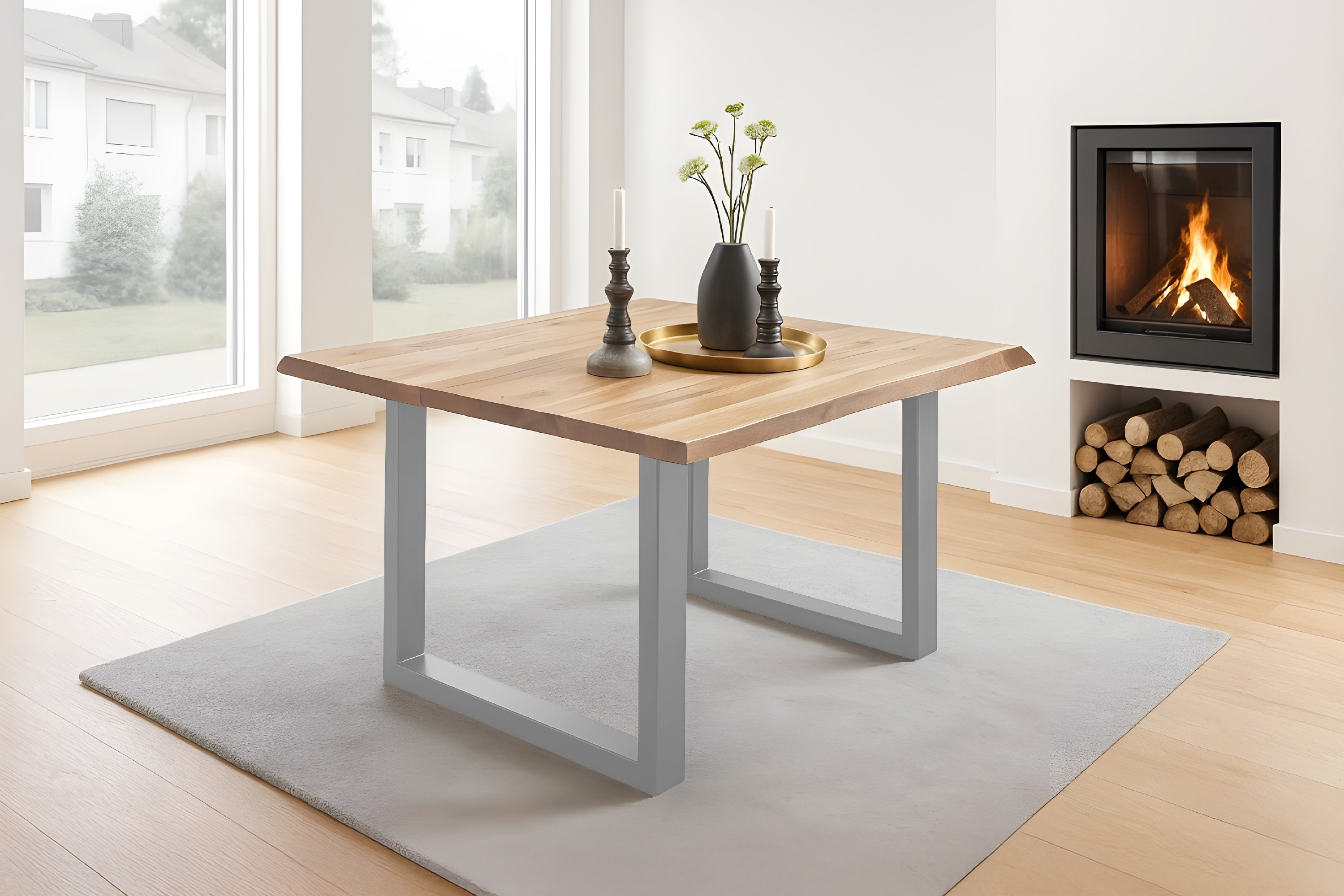 Esstisch Baumkante massiv Akazie eichefarben 90 x 90 silber NIAH