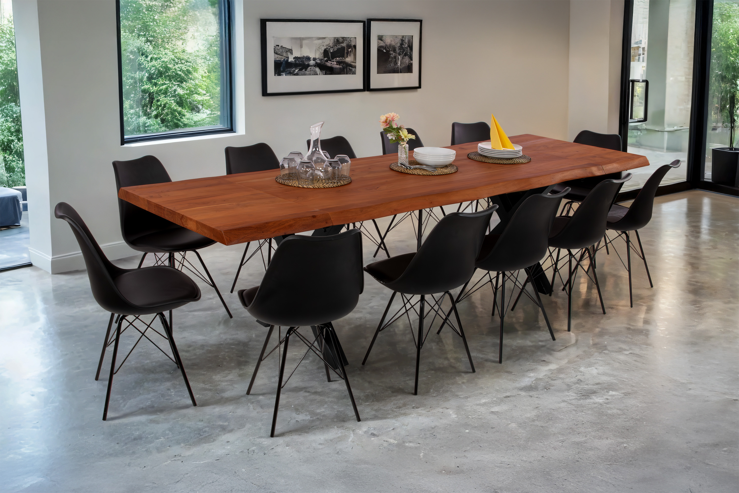 Esstisch Baumkante Akazie nuss 140 (220) x 90 cm X-Gestell schwarz mit Ansteckplatten CALI