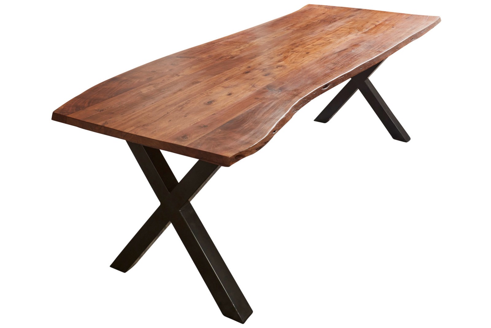  Esstisch Baumkante massiv Akazie nussbaum 220 x 100 X-Gestell schwarz XAVER