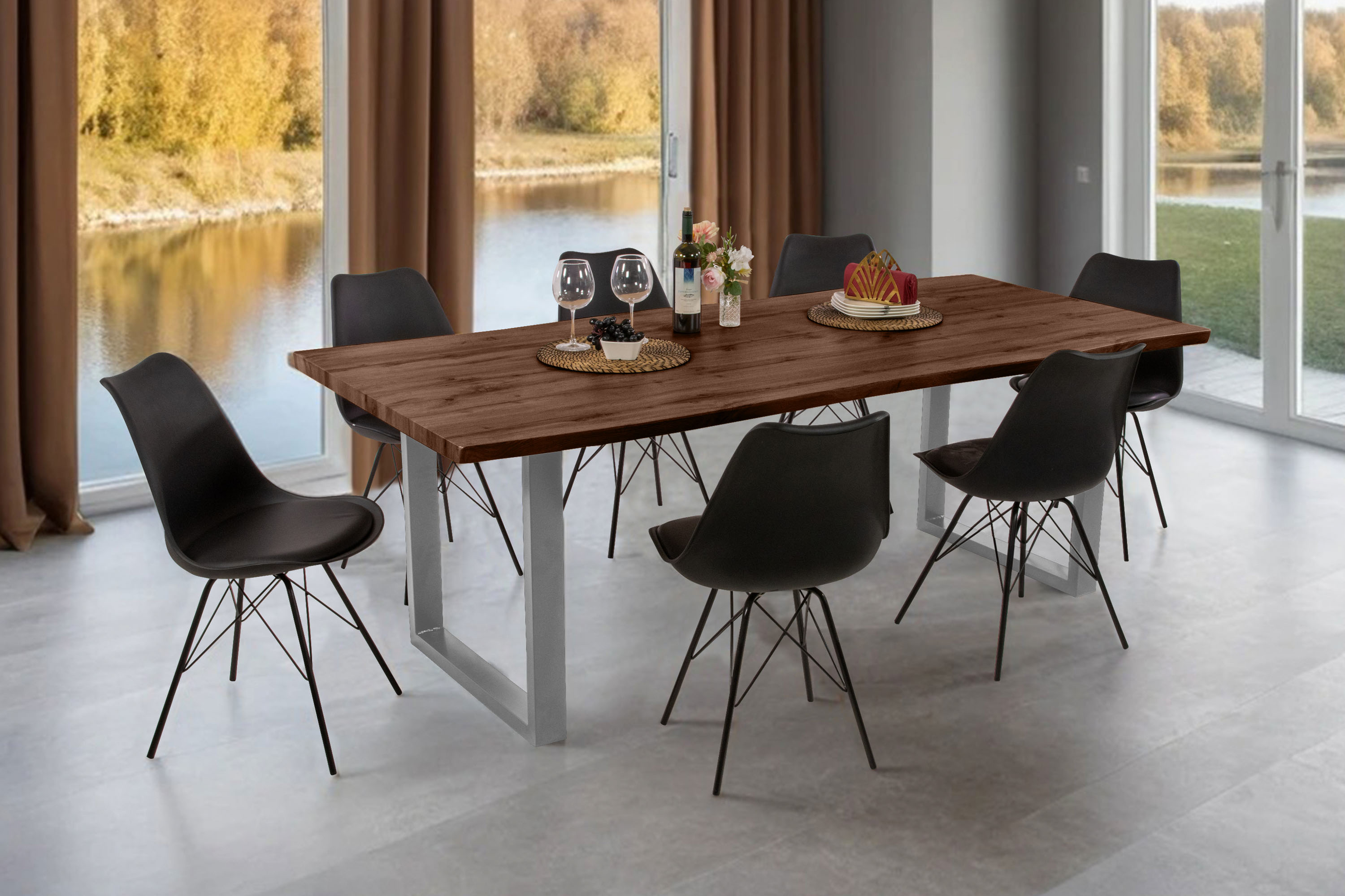 Esstisch Baumkante Holz-Optik Nussbaum 220 x 100 U-Gestell silber JOSY