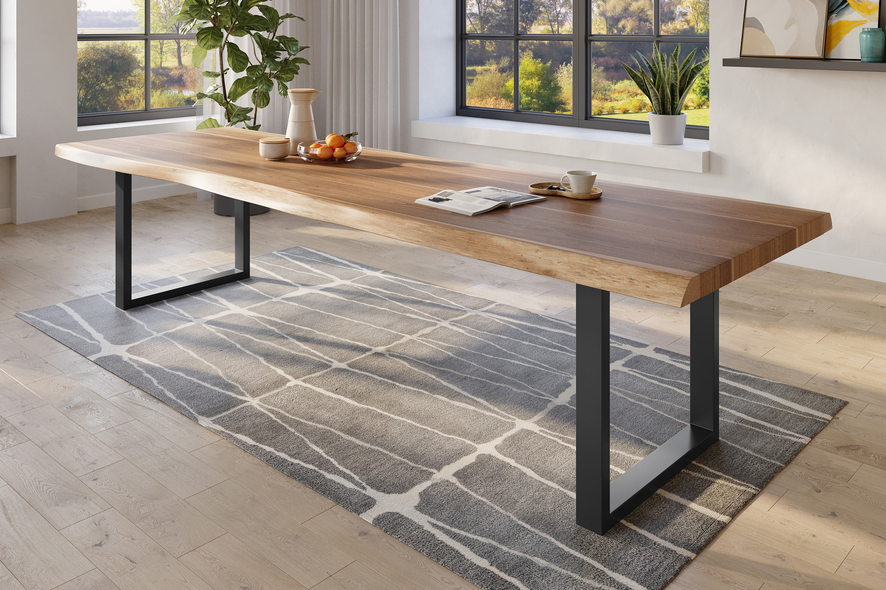 Esstisch Baumkante massiv Akazie natur 300 x 110 U-Gestell Metall schwarz TITAN