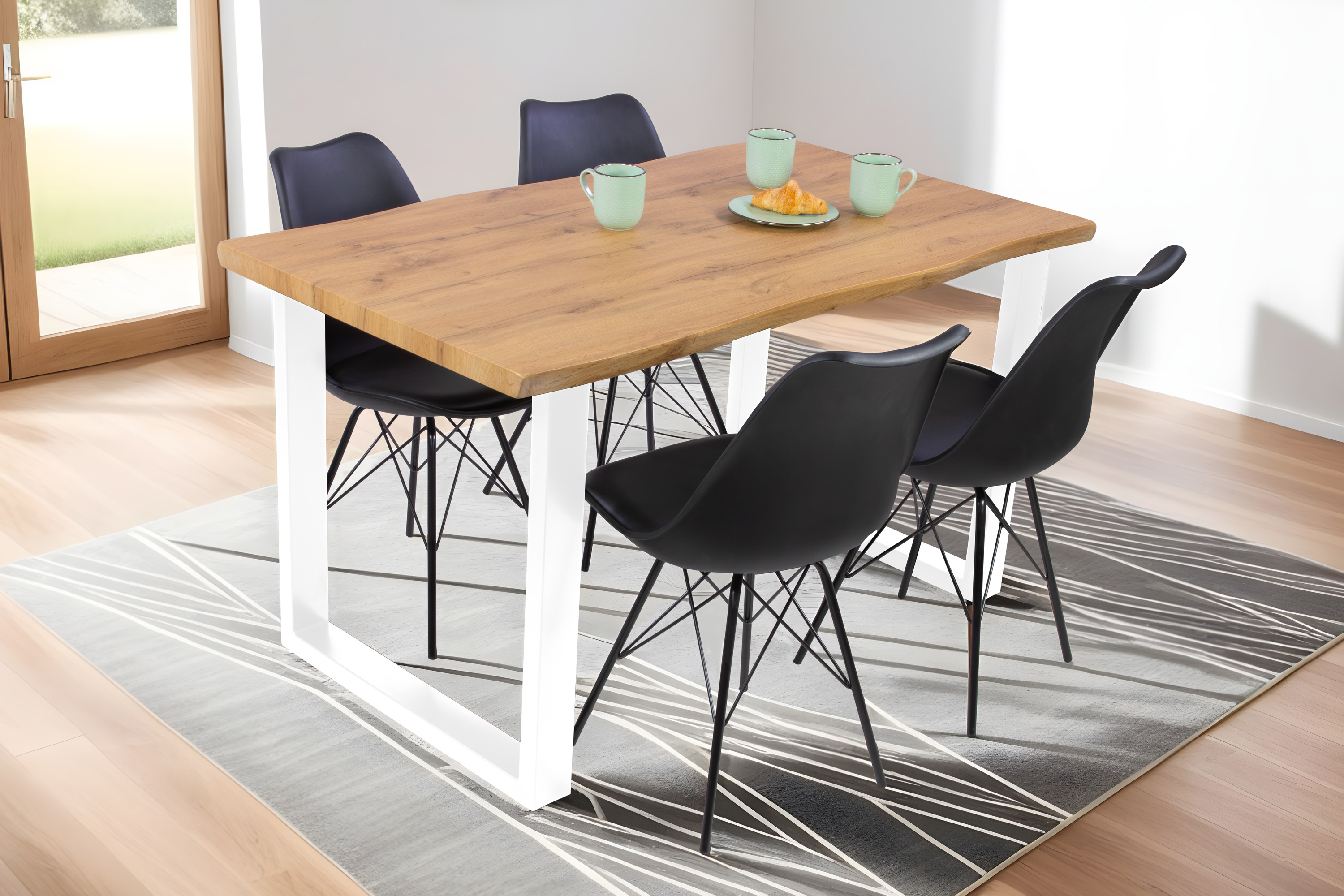 Esstisch Baumkante Holz-Optik Wildeiche 140 x 80 U-Gestell weiß JOSY