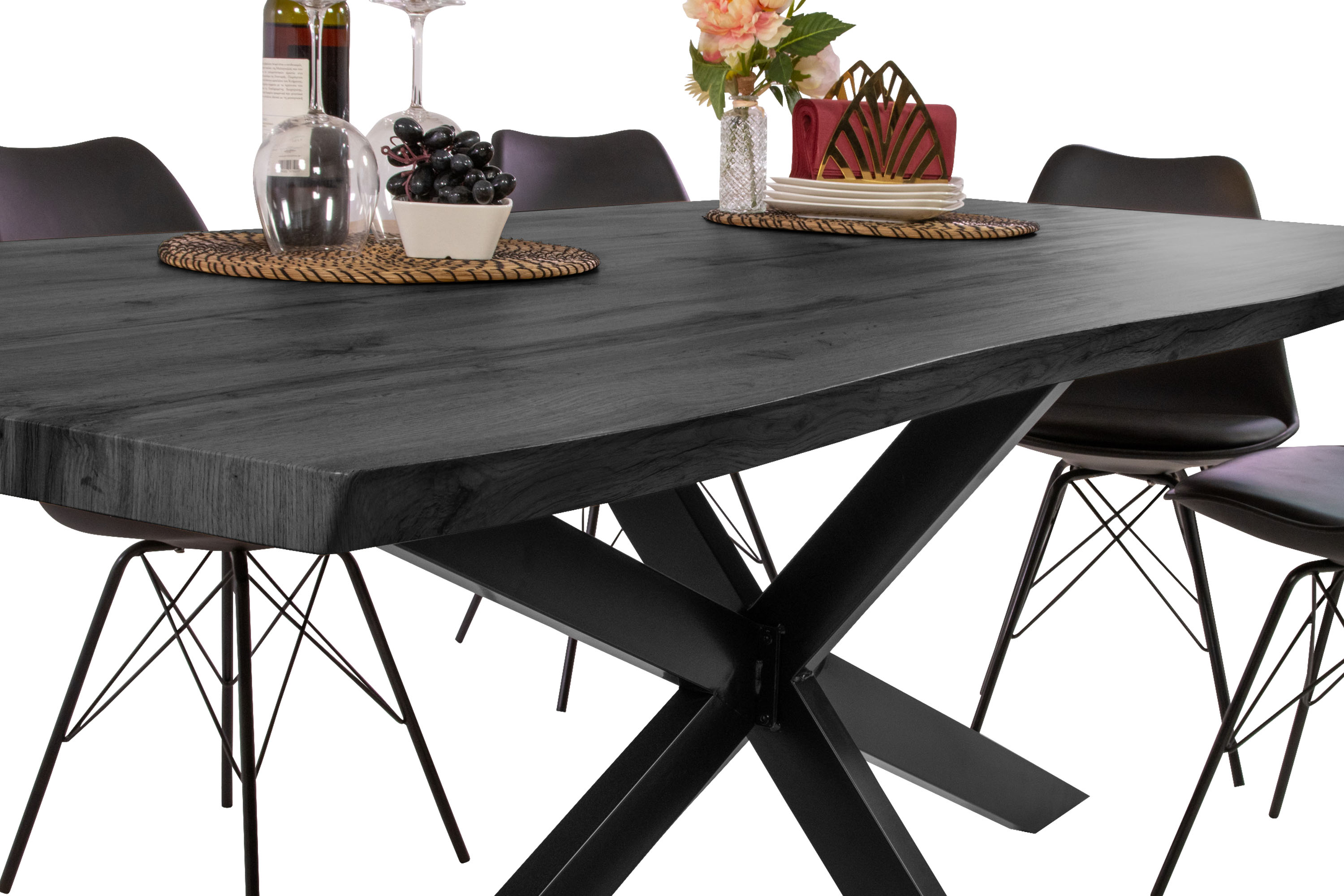 Esstisch Baumkante Holz-Optik Grau 220 x 100 Spider-Gestell schwarz JOSY
