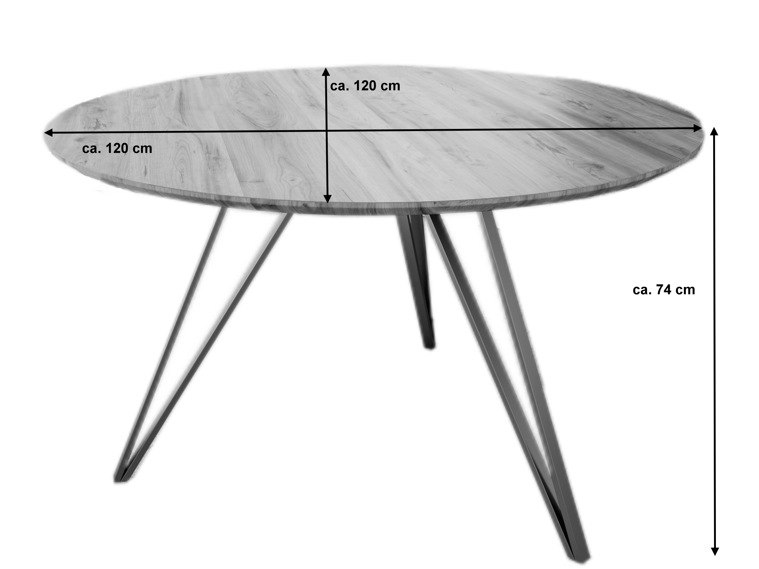 Essgruppe 120 cm Akazie naturfarben Schweizer Kante Metallfuß mit 4 Stühlen INSA