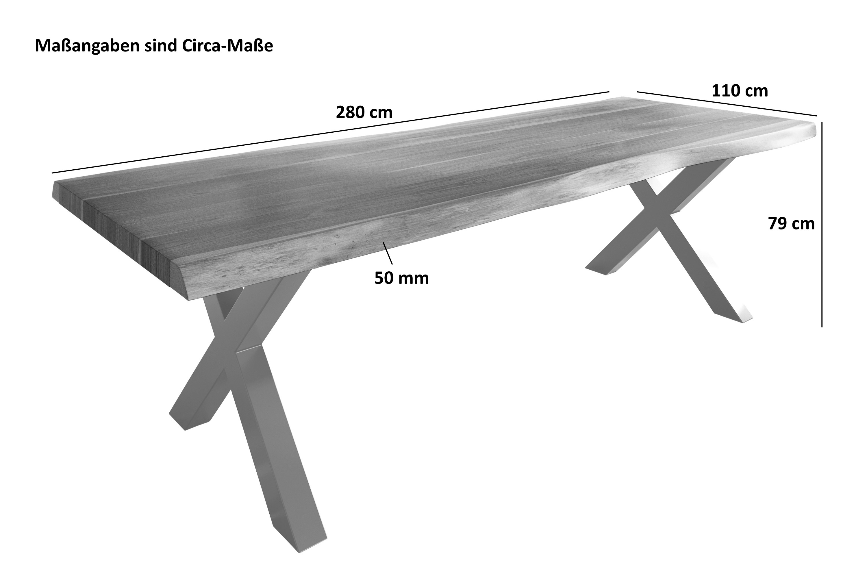 Esstisch Baumkante massiv Akazie nussbaumfarben 280 x 110 Spider-Gestell Metall schwarz TITAN