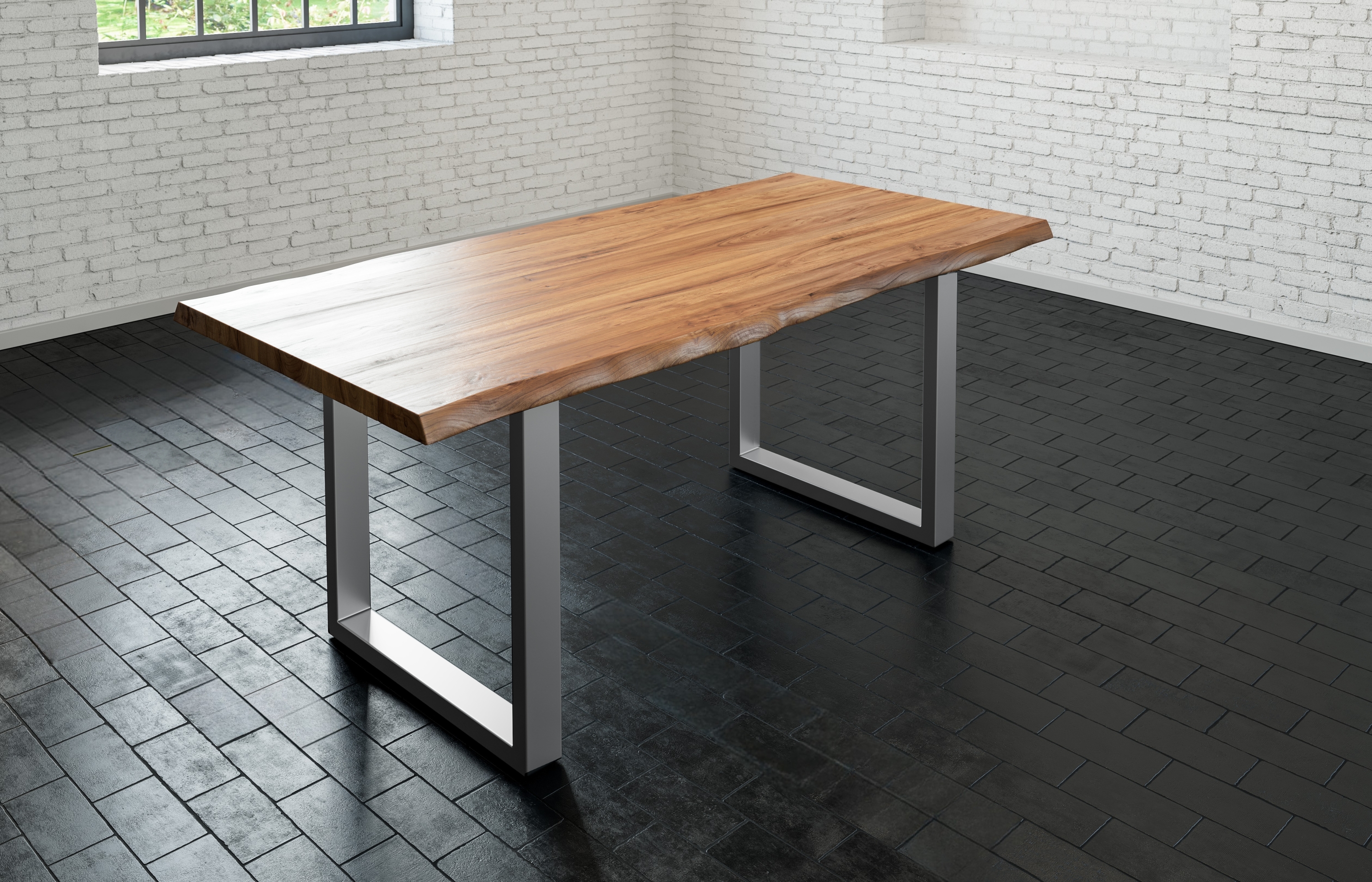  Esstisch Baumkante massiv Akazie natur 120 x 80 silber LIAM