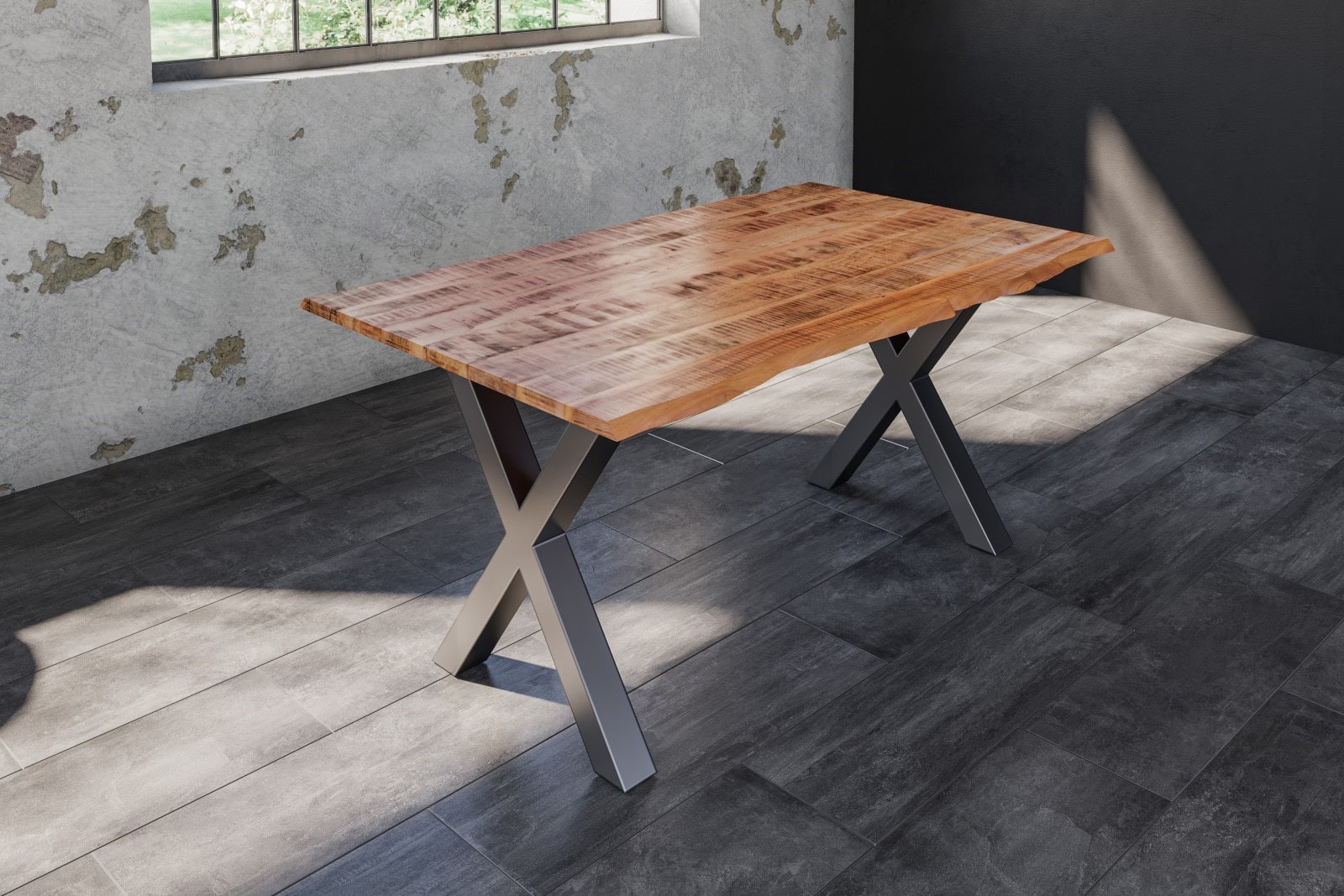 Esstisch Baumkante Massiv Mango naturfarben 160 x 85 silber X-Gestell DORA