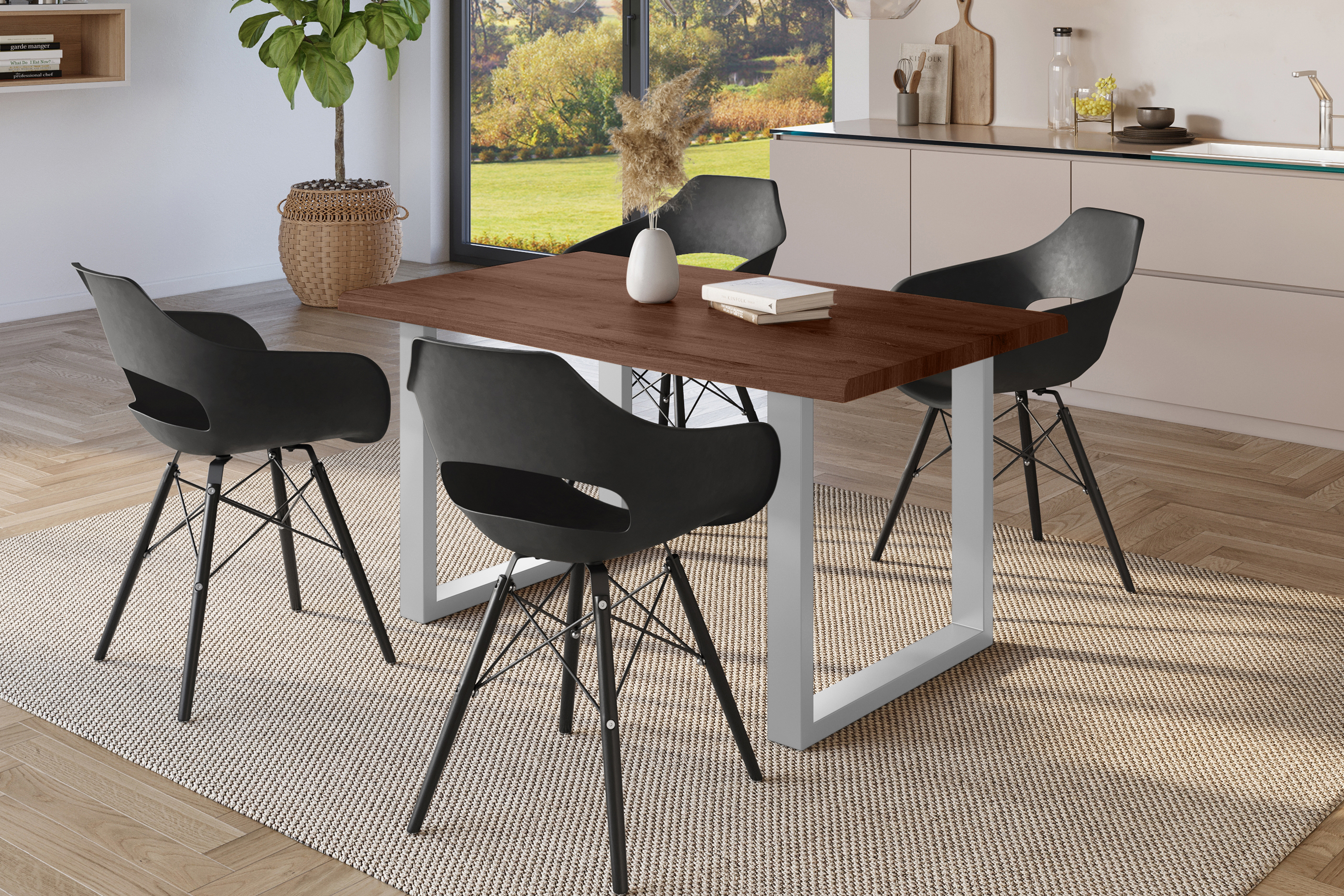 Esstisch Baumkante Holz-Optik Nussbaum 160 x 85 U-Gestell silber JULIUS