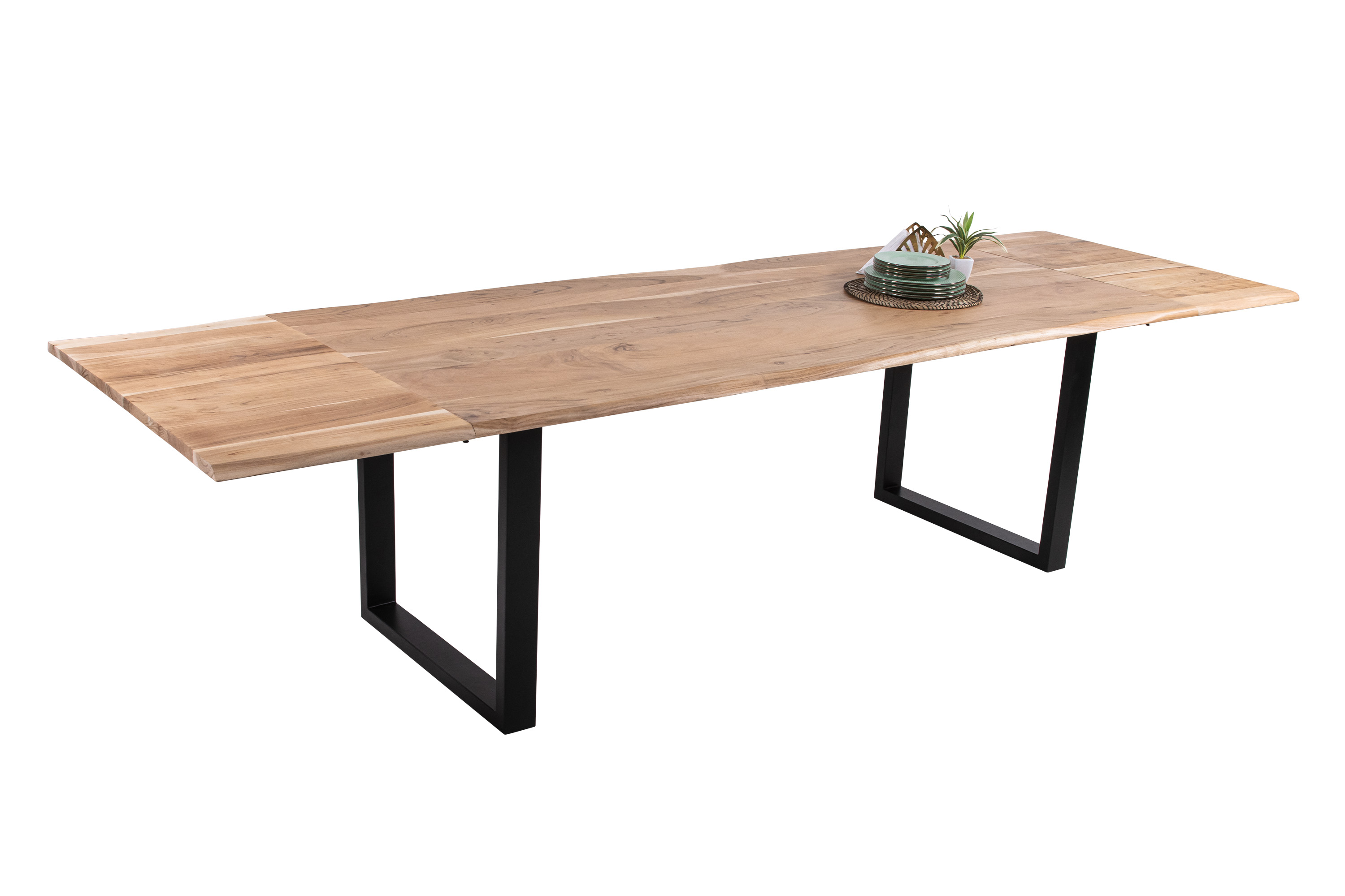 Esstisch Baumkante Akazie natur 200(300)x100 Ansteckplatten U-Gestell schwarz AVINO