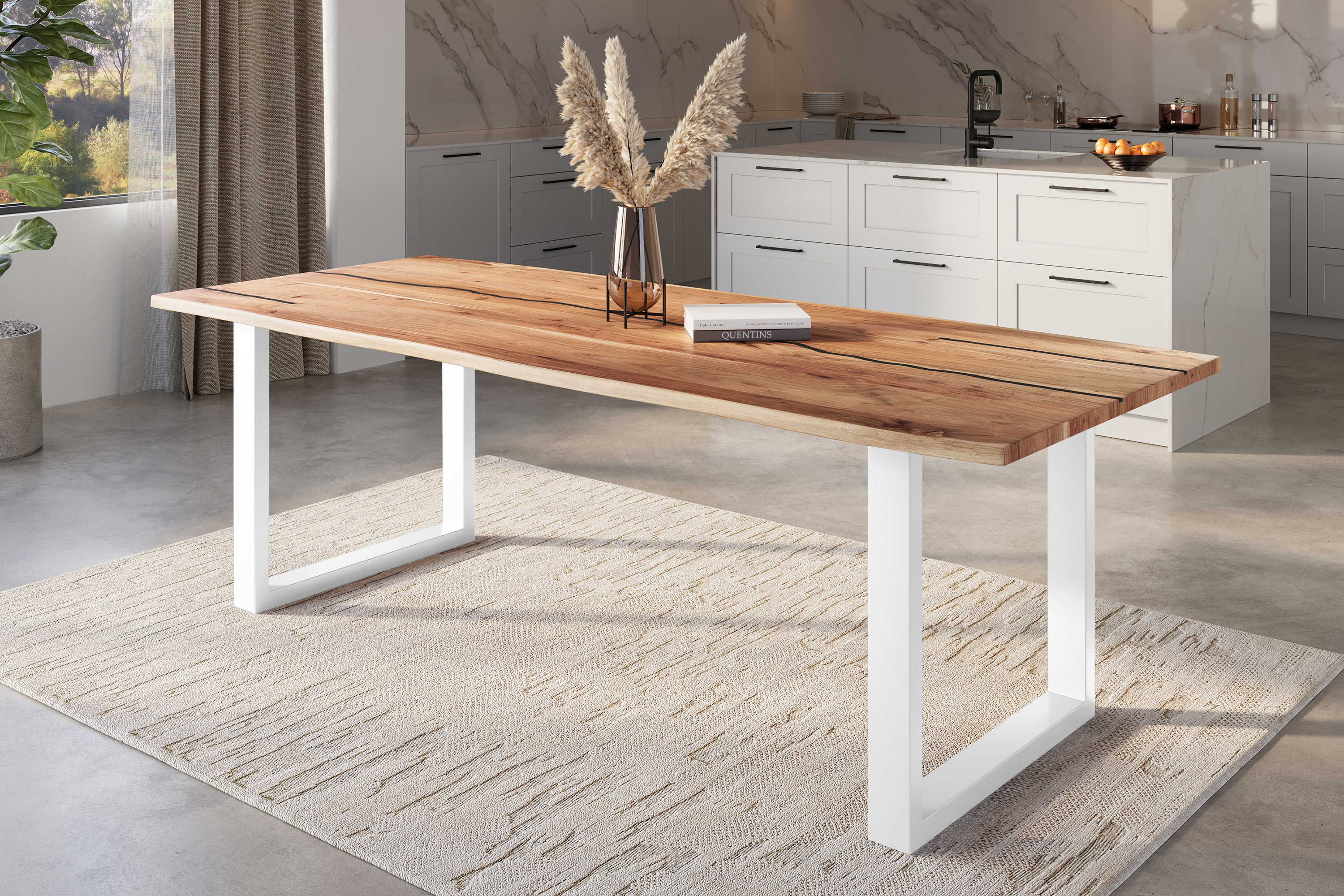 Baumkantentisch Akazie mit schwarzen Resin-Adern naturfarben 260 x 100 cm U-Gestell weiß POLLY