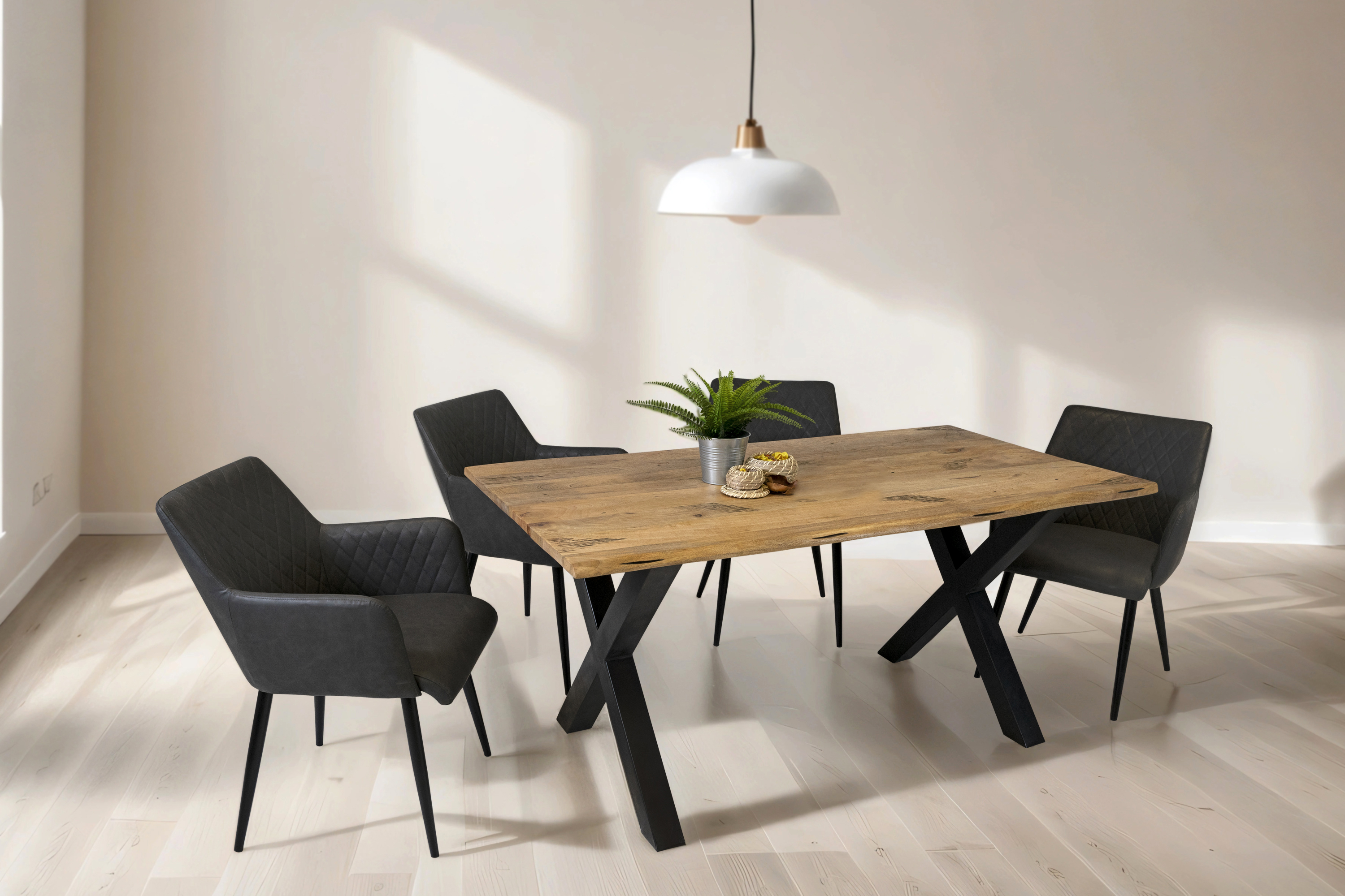 Esstisch Baumkante Massiv Mango naturfarben 180 x 90 schwarz X-Gestell Tiger