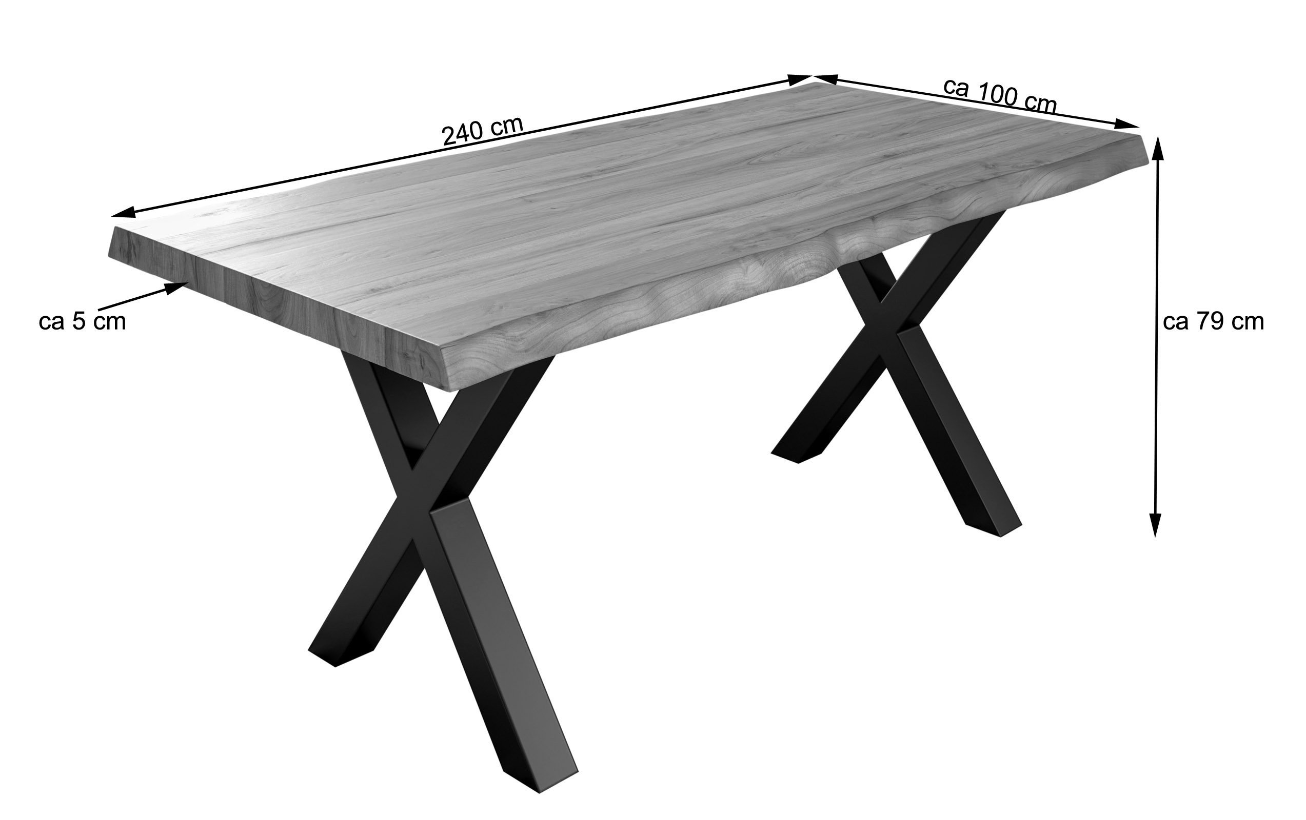  Esstisch Baumkante massiv Akazie nussbaumfarben 240 x 100 silber X-Gestell XEREZ