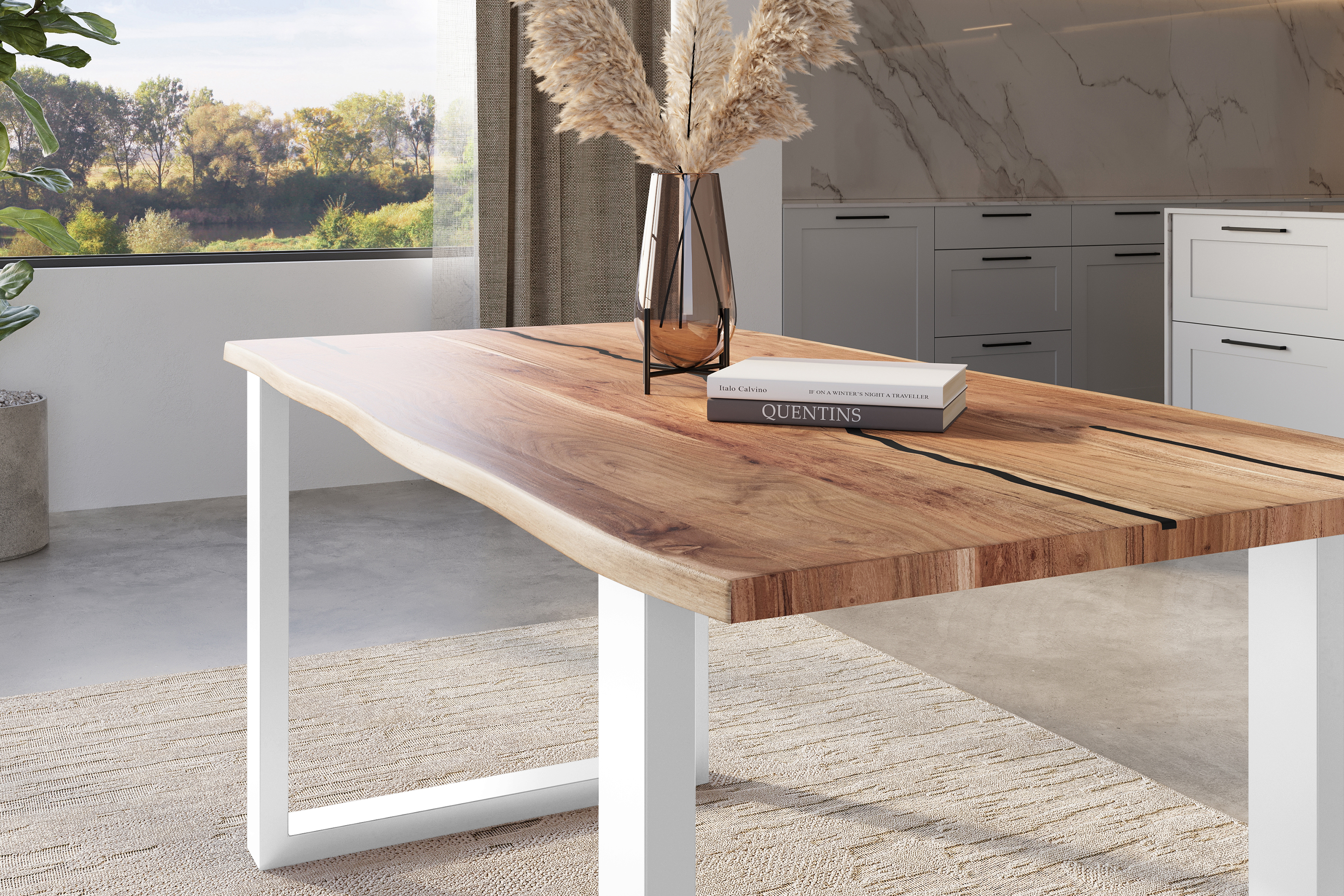 Baumkantentisch Akazie mit schwarzen Resin-Adern naturfarben 120 x 80 cm U-Gestell weiß POLLY