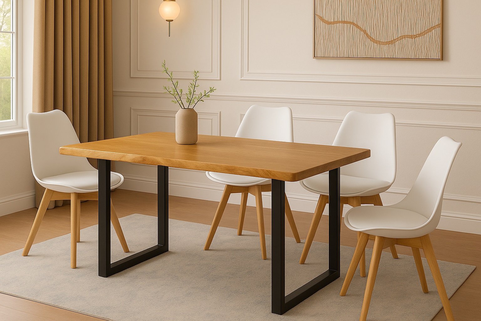 Essgruppe Baumkante massiv 140 x 80 cm Holz Wildeiche-Optik U-Gestell schwarz & 4 Stühle weiß JOSY