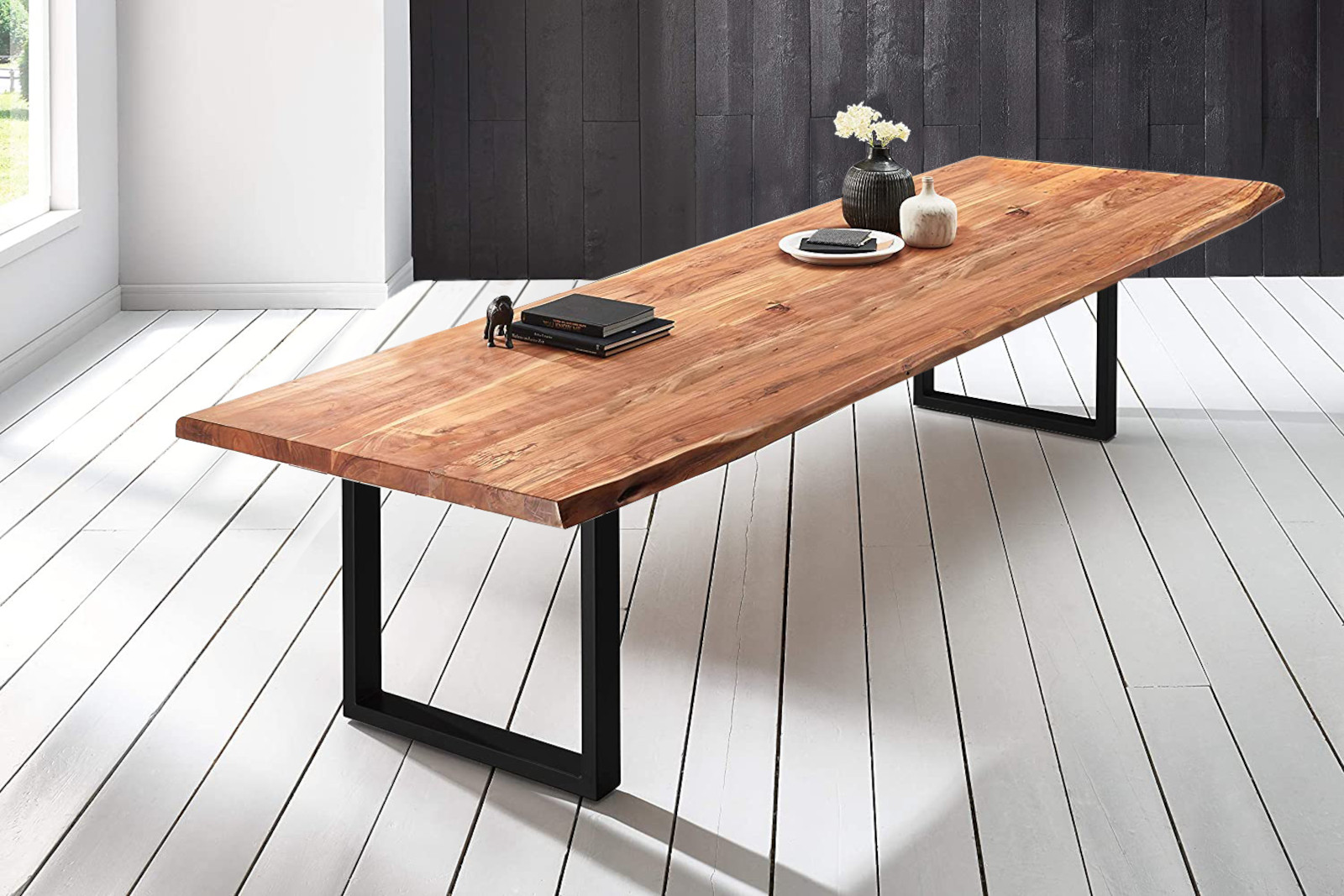  Esstisch Baumkante massiv Akazie natur 300 x 110 schwarz VALIN