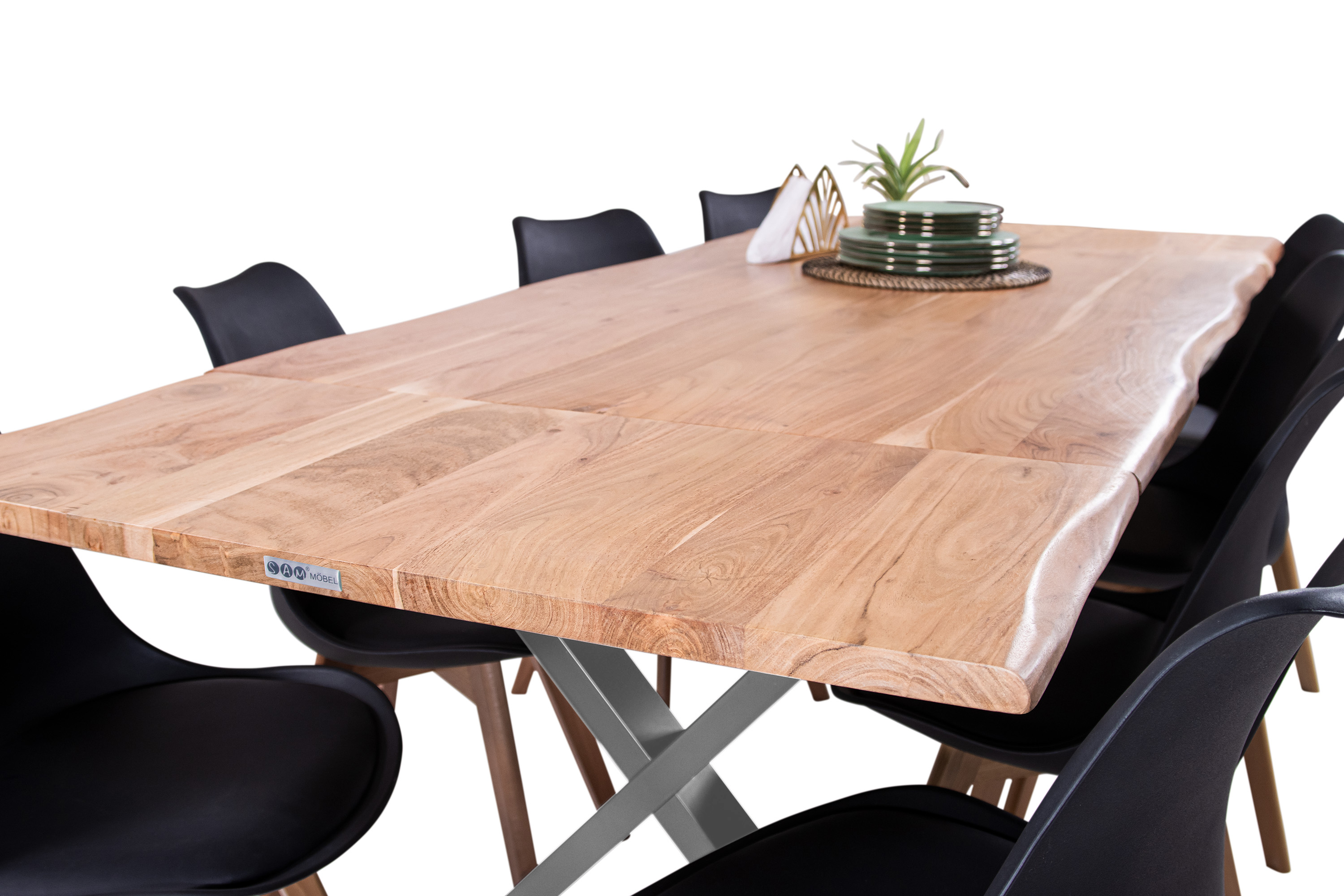 Esstisch Baumkante Akazie natur 140(220)x90 Ansteckplatten X-Gestell silber AVINO