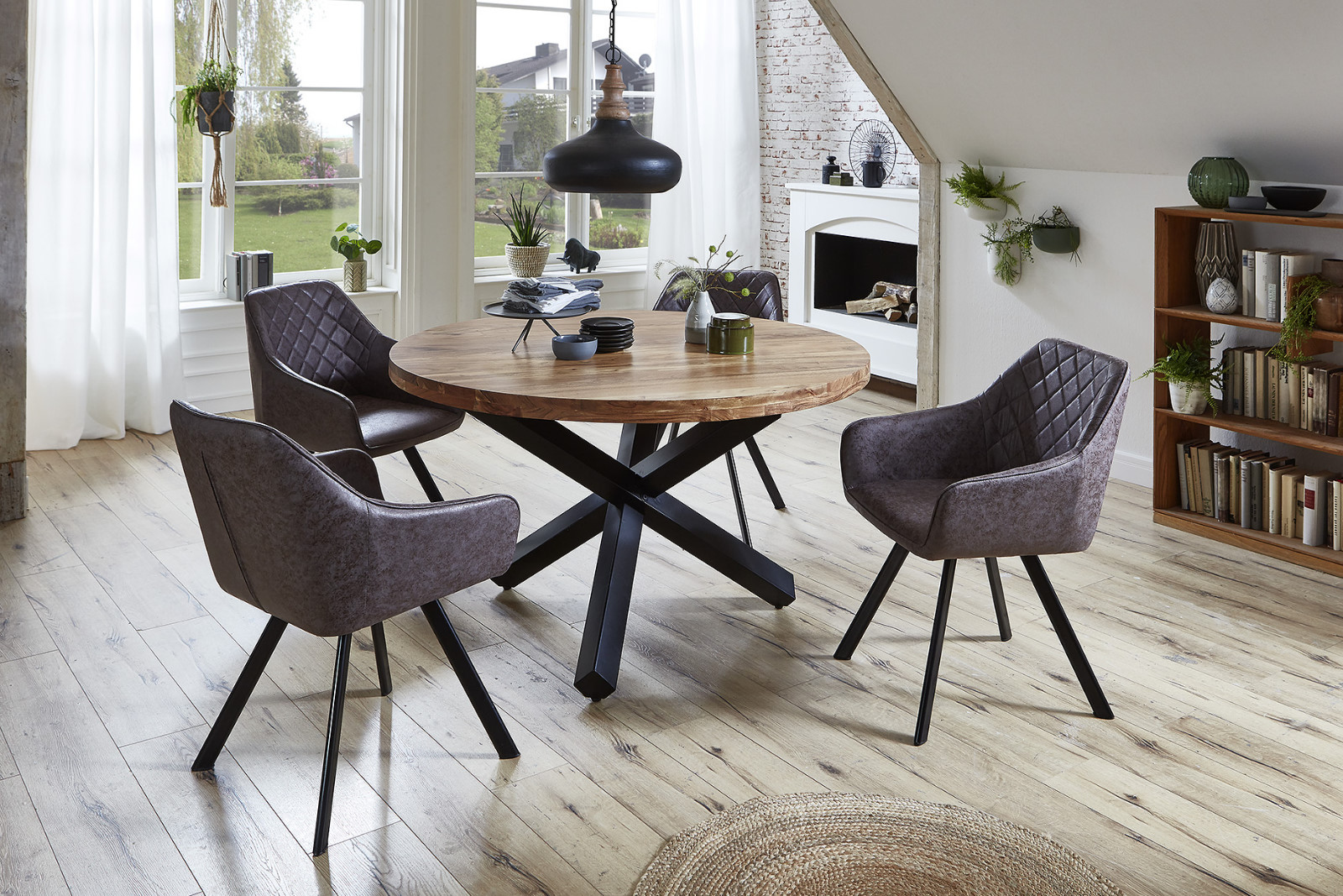   Esszimmertisch rund 120 cm Akazienholz Natur Schwarz RUNA