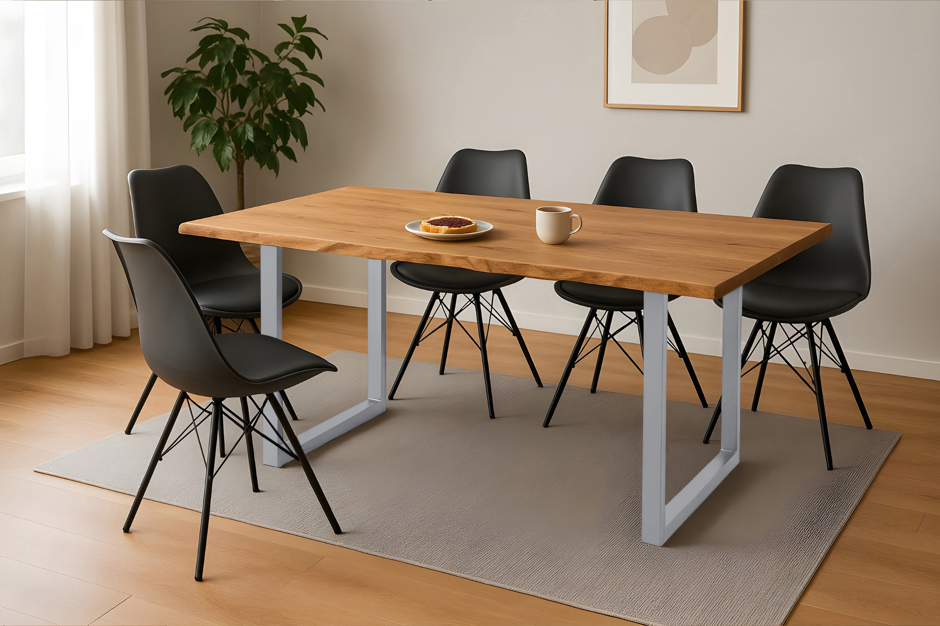Esstisch Baumkante massiv Eiche geölt 200 x 100 cm U-Gestell silber SALVADOR