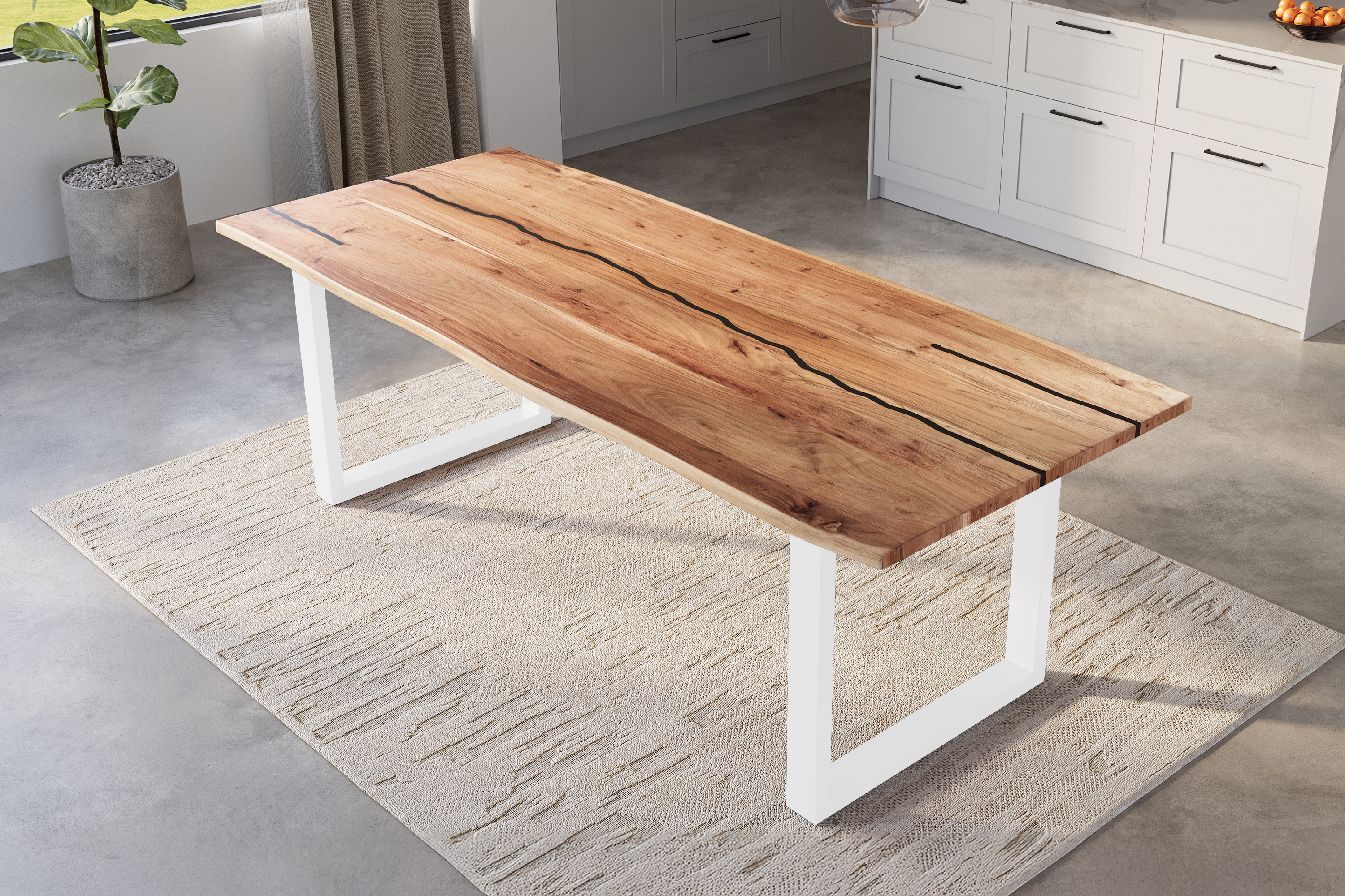 Baumkantentisch Akazie mit schwarzen Resin-Adern naturfarben 260 x 100 cm U-Gestell weiß POLLY
