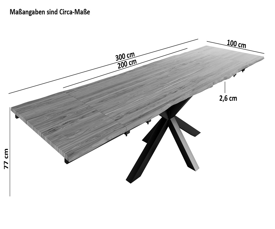 Baumkantentisch Akazie stonefarben 200(300)x100 cm Ansteckplatten Spider-Gestell schwarz JANNIK Baumkantentisch Akazie stonefarben 200(300)x100 cm Ansteckplatten Spider-Gestell schwarz JANNIK