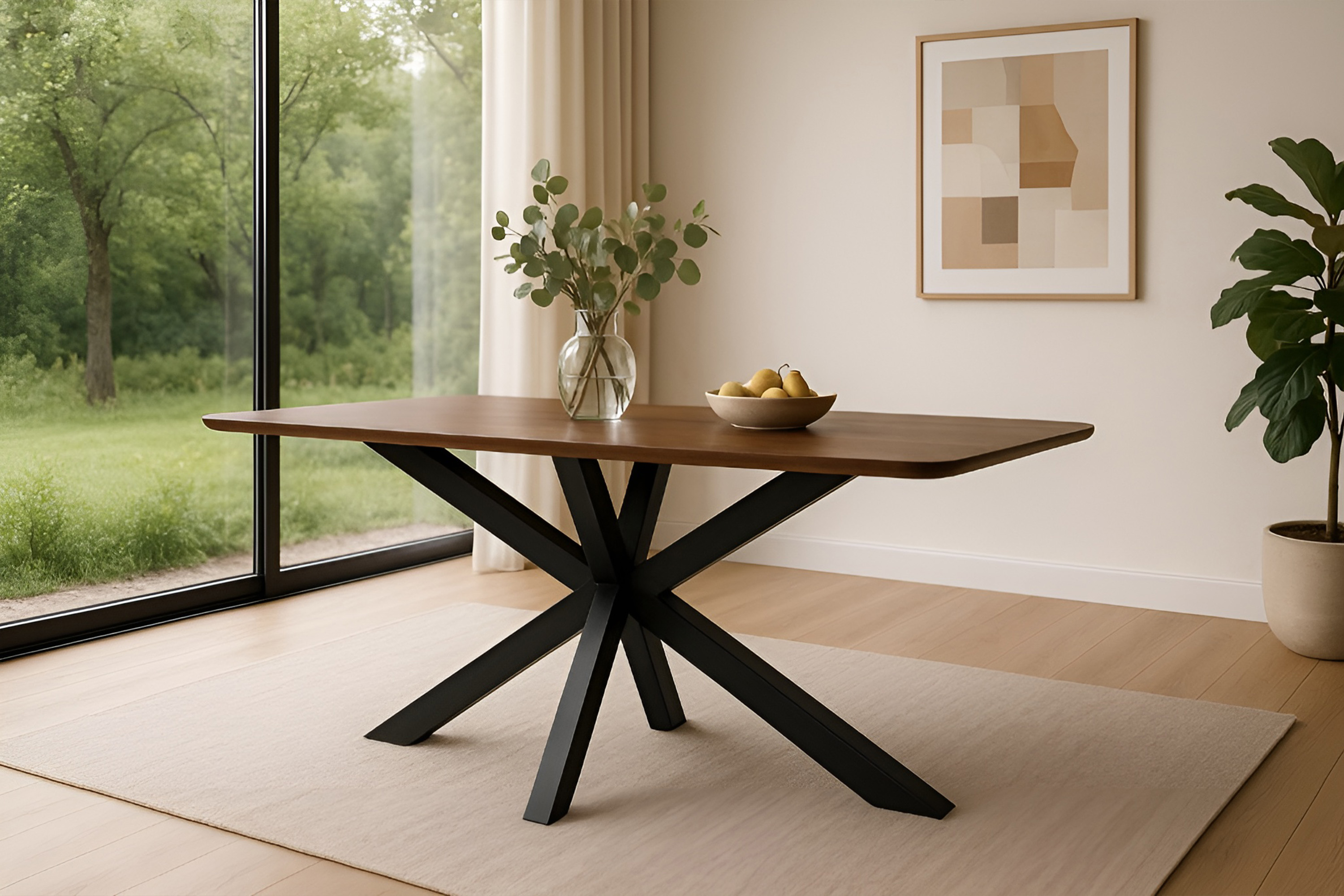 Esstisch 160 x 85 cm Akazie massiv kastanienfarben Schweizer Kante Spider-Gestell schwarz ROBERTO